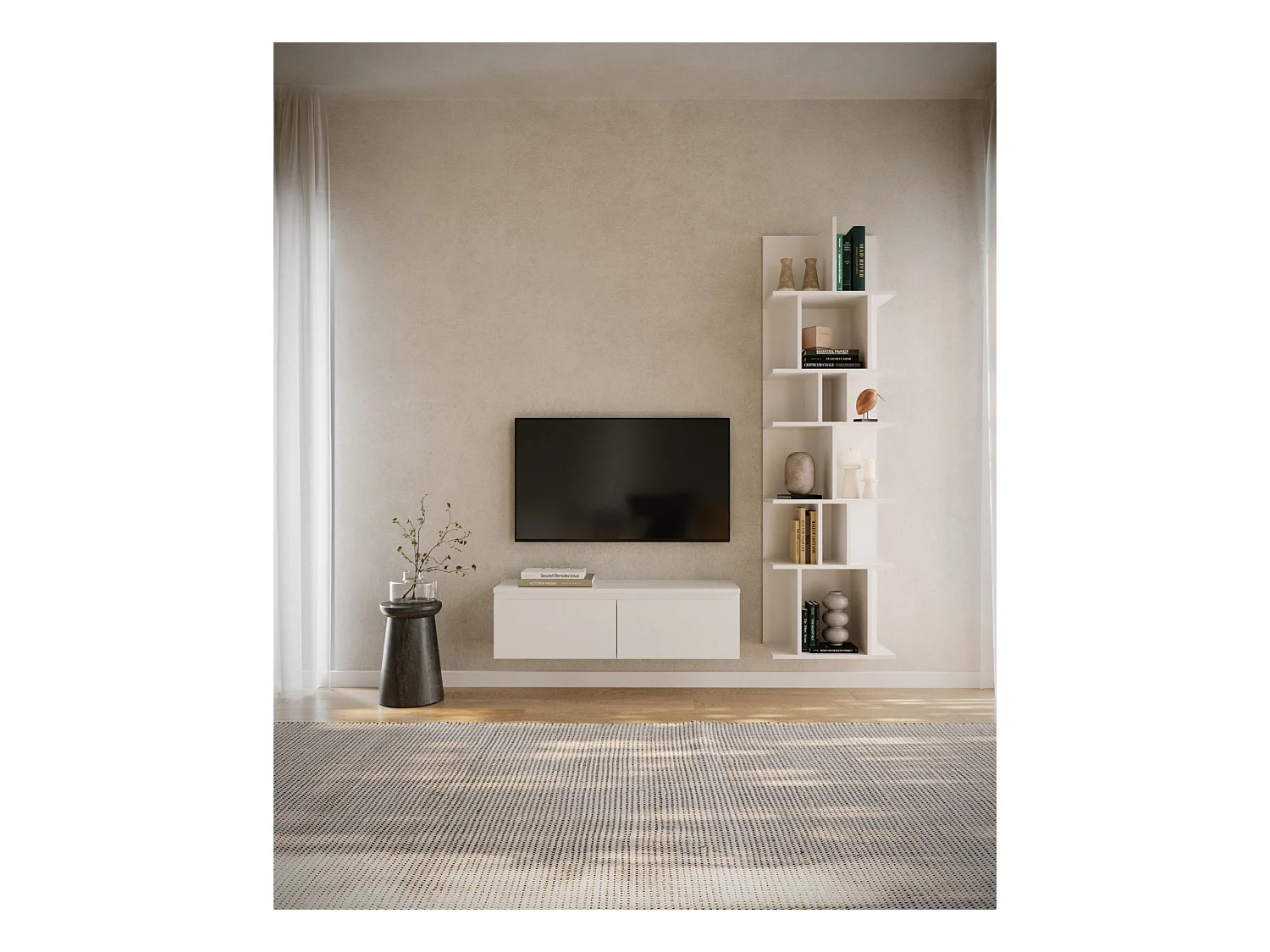 Wand- und Standregal mit asymmetrischen Fächern – Weiß – 180 × 50 cm – BEMMI