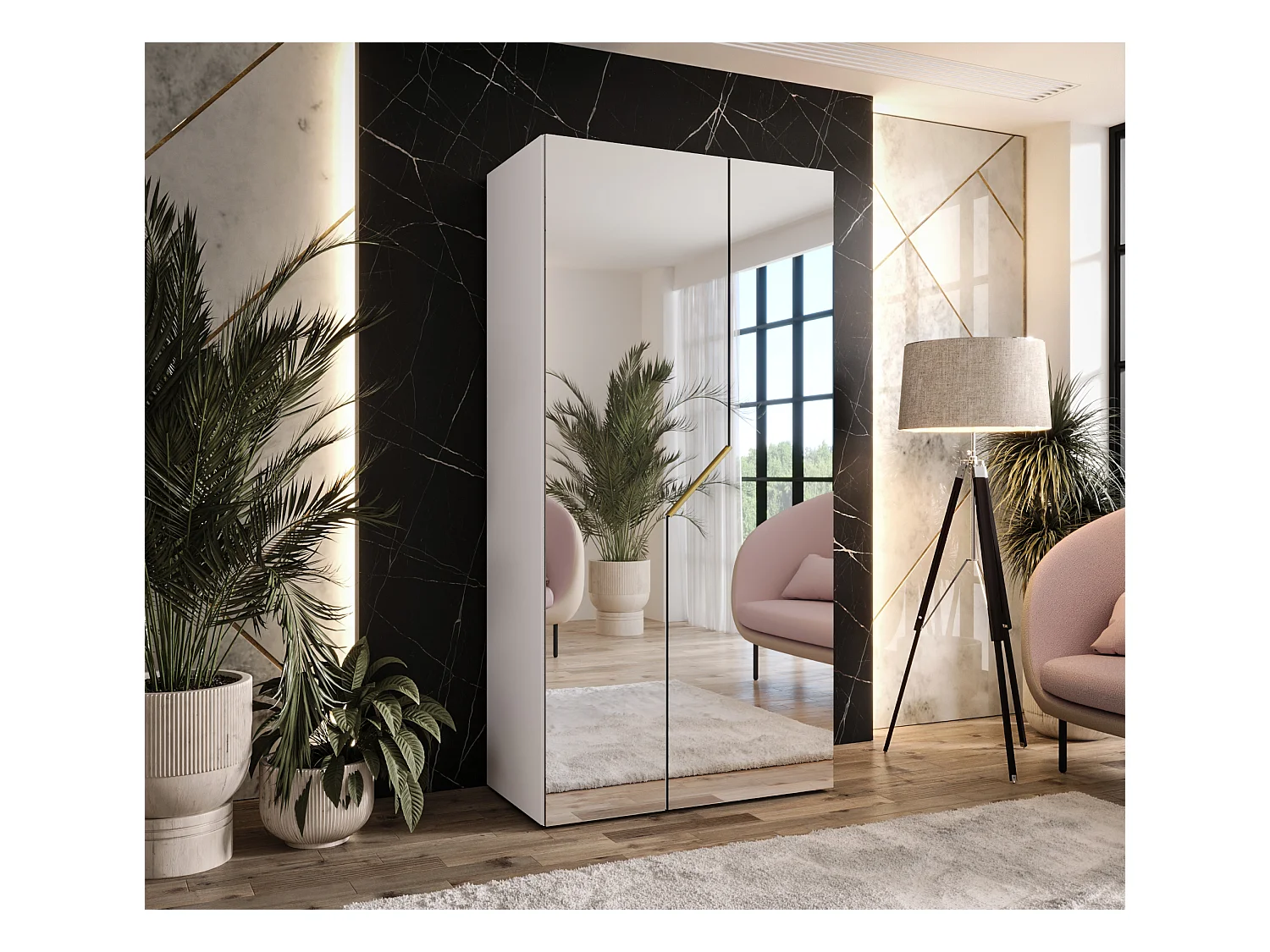 Drehtürenschrank Andrew 3 100 / 202 / 52 (Weiß + Griffe: Gold)