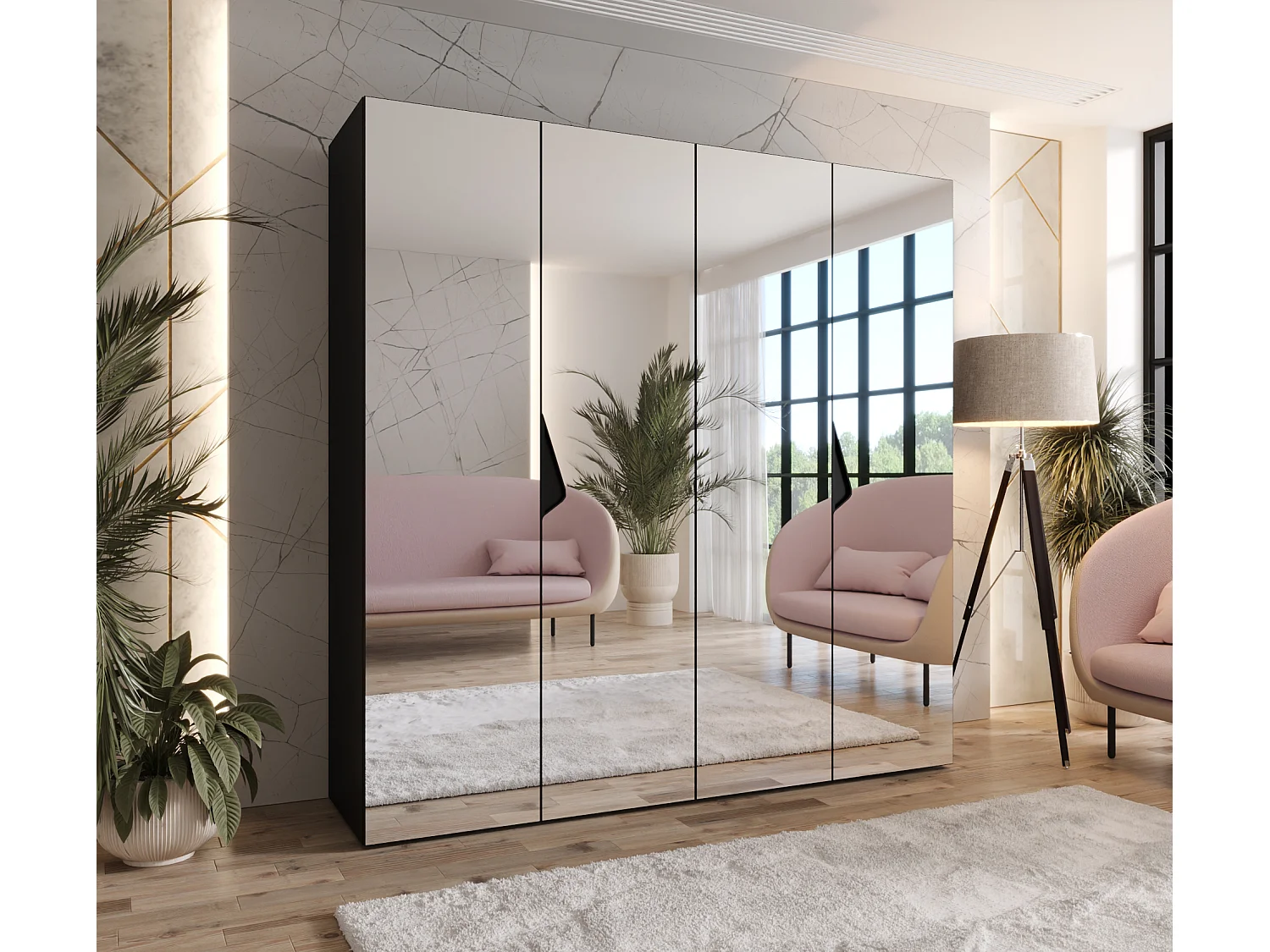 Armoire à portes battantes Sandi 3 200 / 202 / 52 (Noir + poignées: Noir)