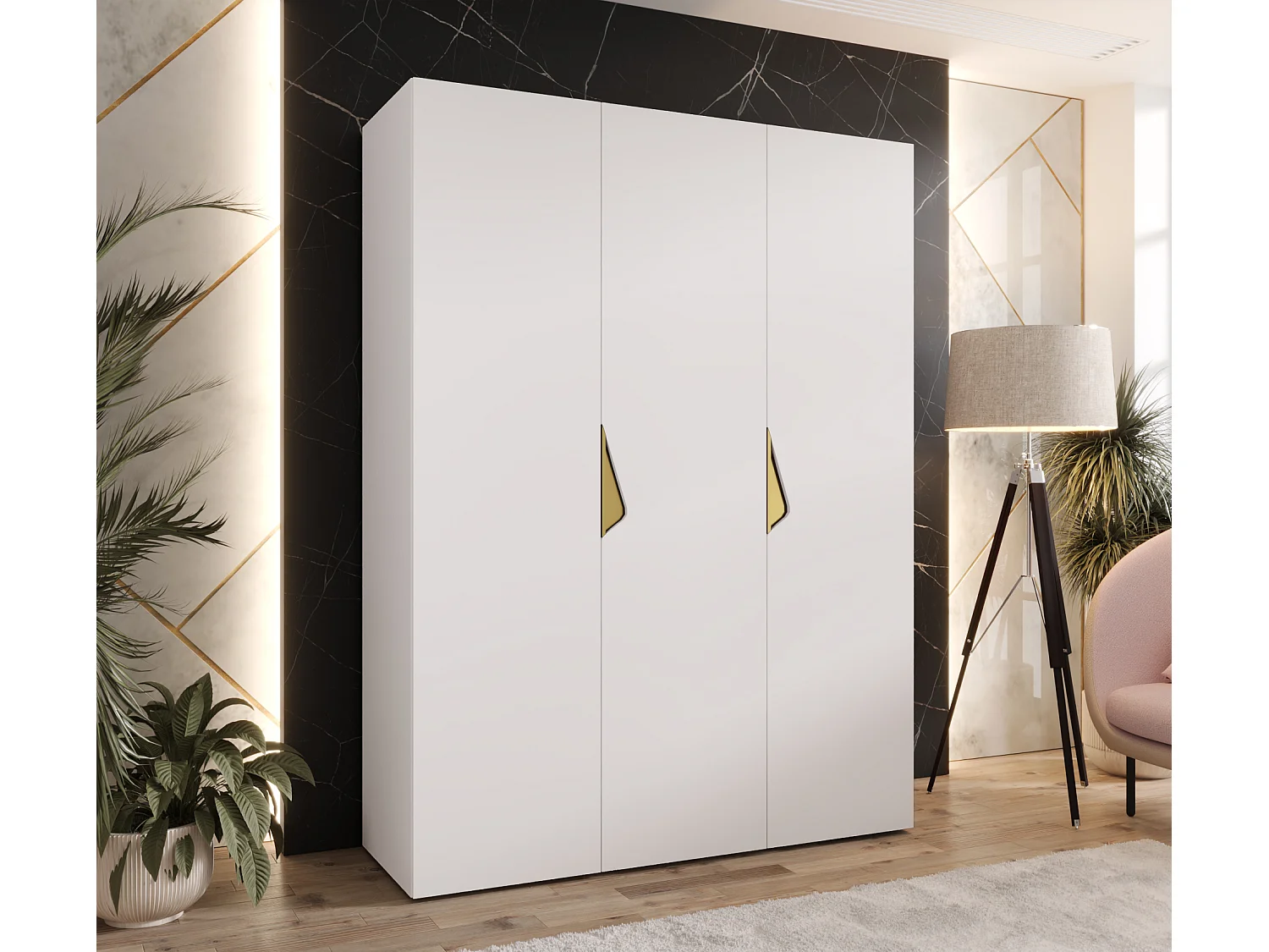 Armoire à portes battantes Sandi 1 150 / 202 / 52 (Blanc + poignées: Gold)