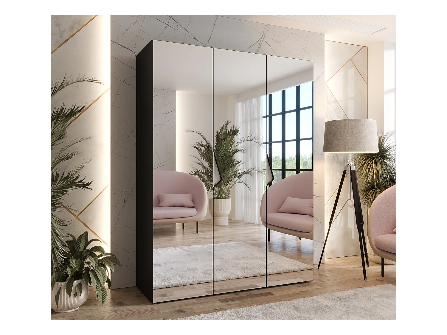 Armoire à portes battantes Sandi 3 150 / 202 / 52 (Noir + poignées: Cachemire)