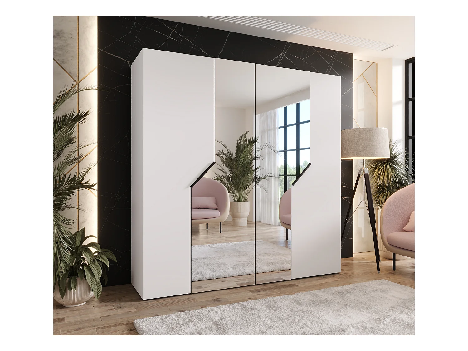 Drehtürenschrank Andrew 2 200 / 202 / 52 (Weiß + Griffe: Schwarz)