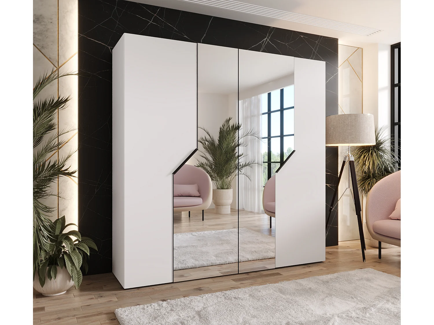 Armoire à portes battantes Andrew 2 200 / 202 / 52 (Blanc + poignées: Noir)