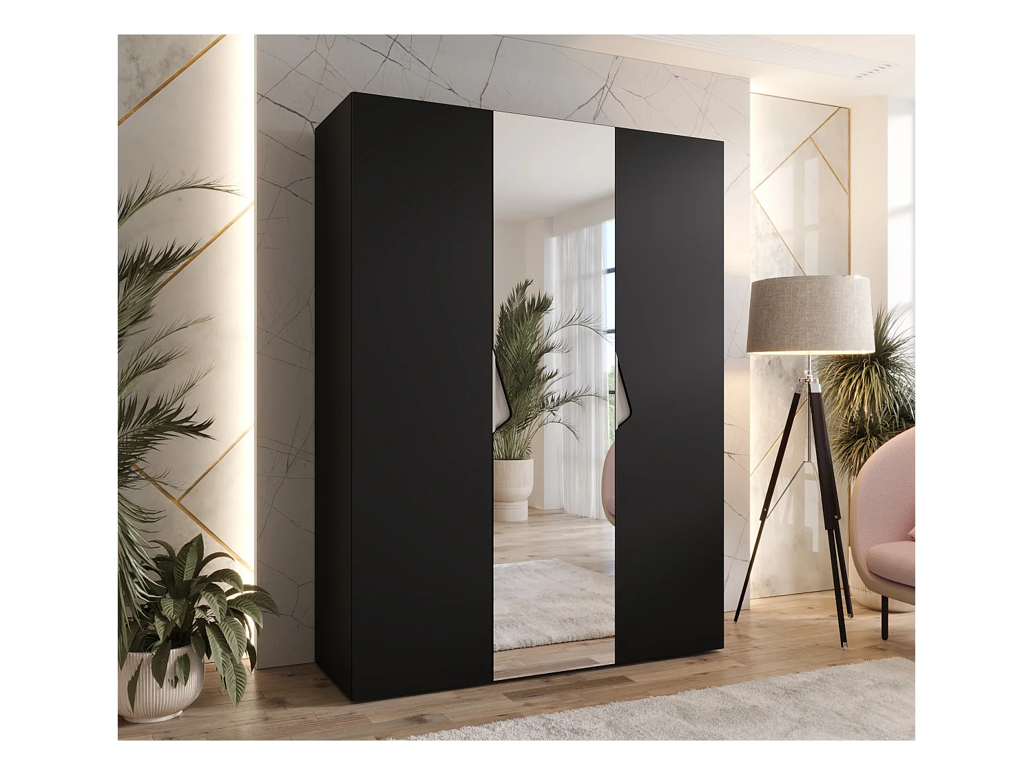 Armoire à portes battantes Sandi 2 150 / 202 / 52 (Noir + poignées: Cachemire)