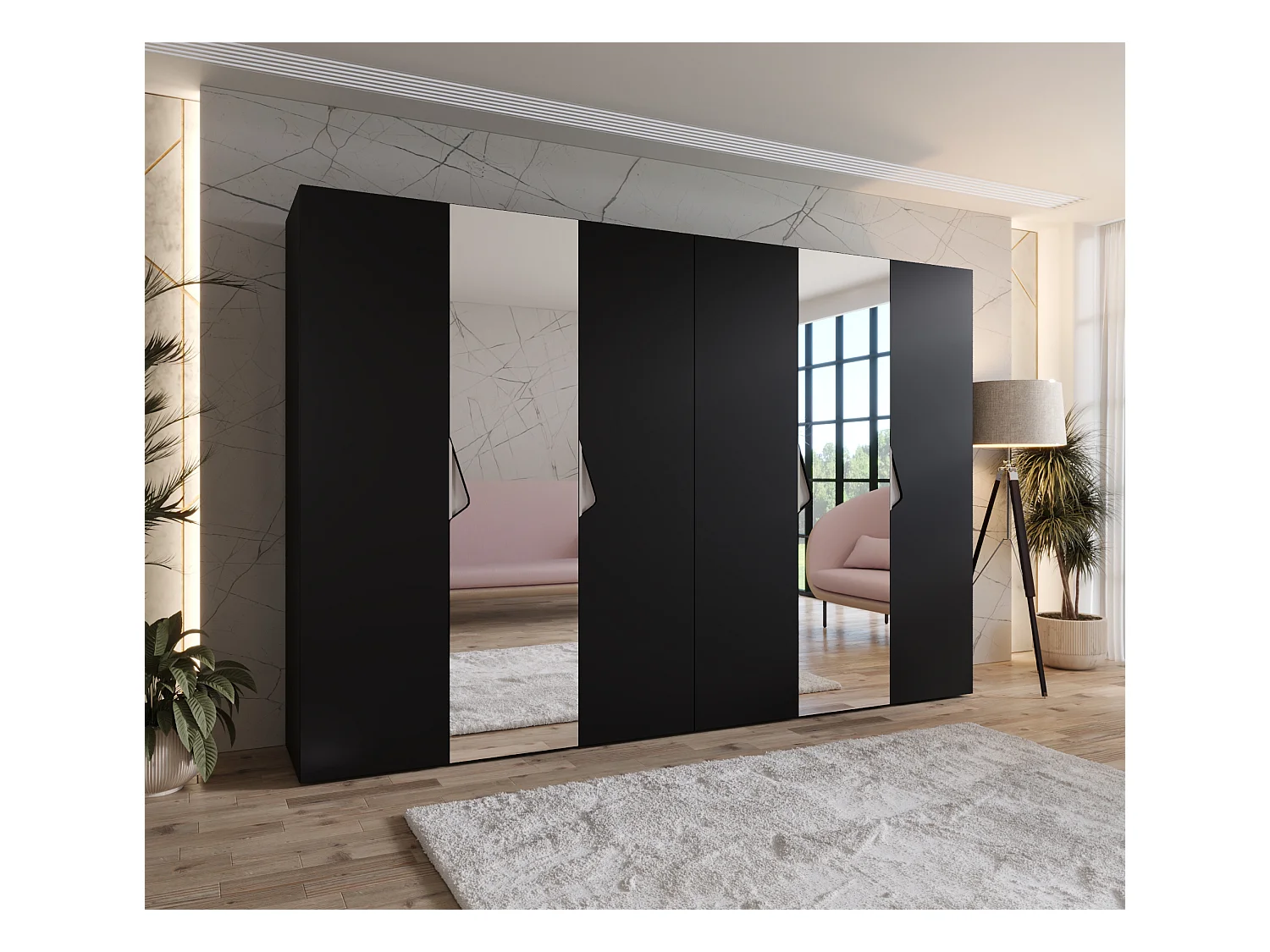 Armoire à portes battantes Sandi 2 300 (150x2) / 202 / 52 (Noir + poignées: Cachemire)