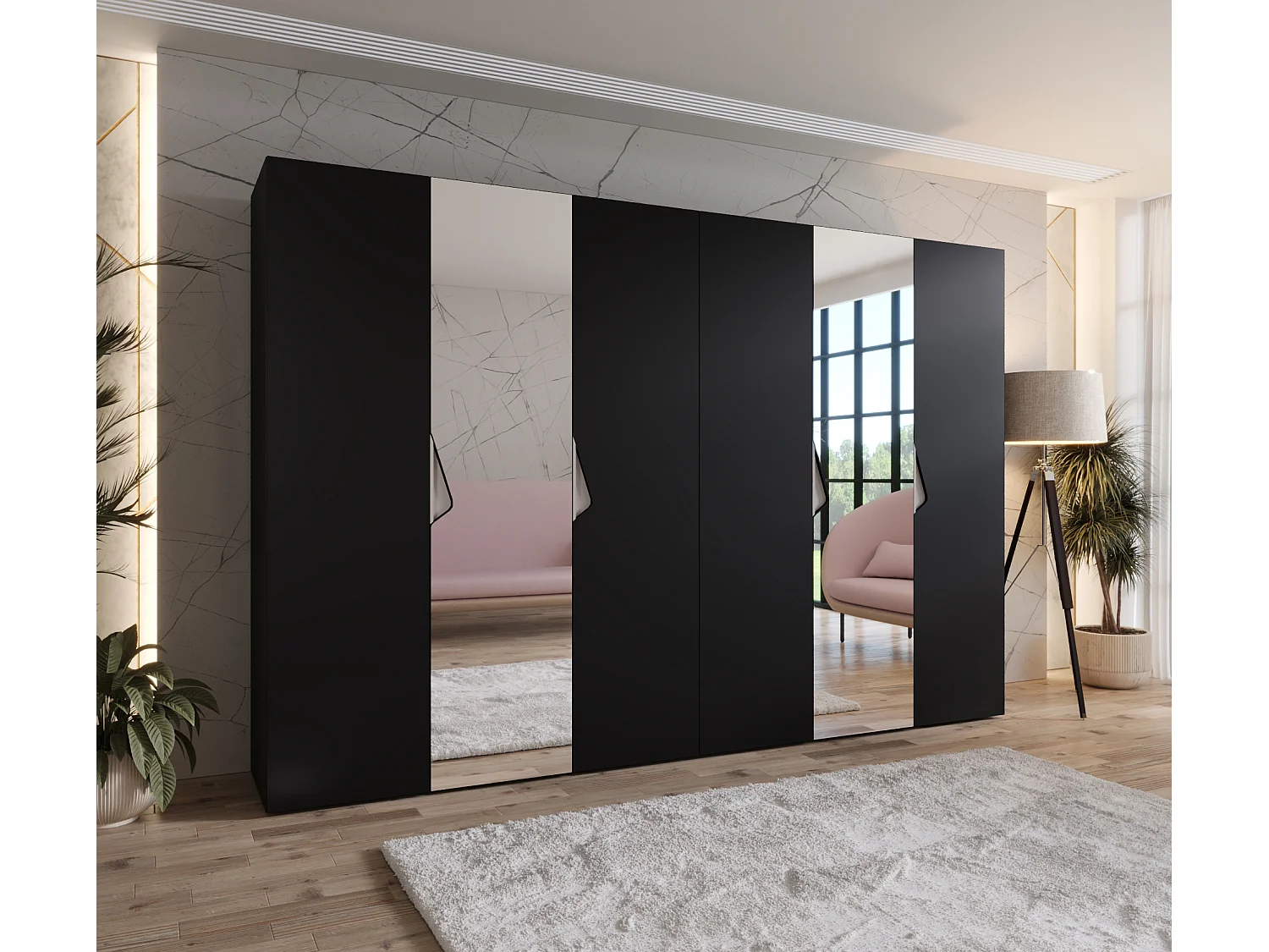 Draaideurkast Sandi 2 300 (150x2) / 202 / 52 (Zwart + handgrepen: Kasjmier)