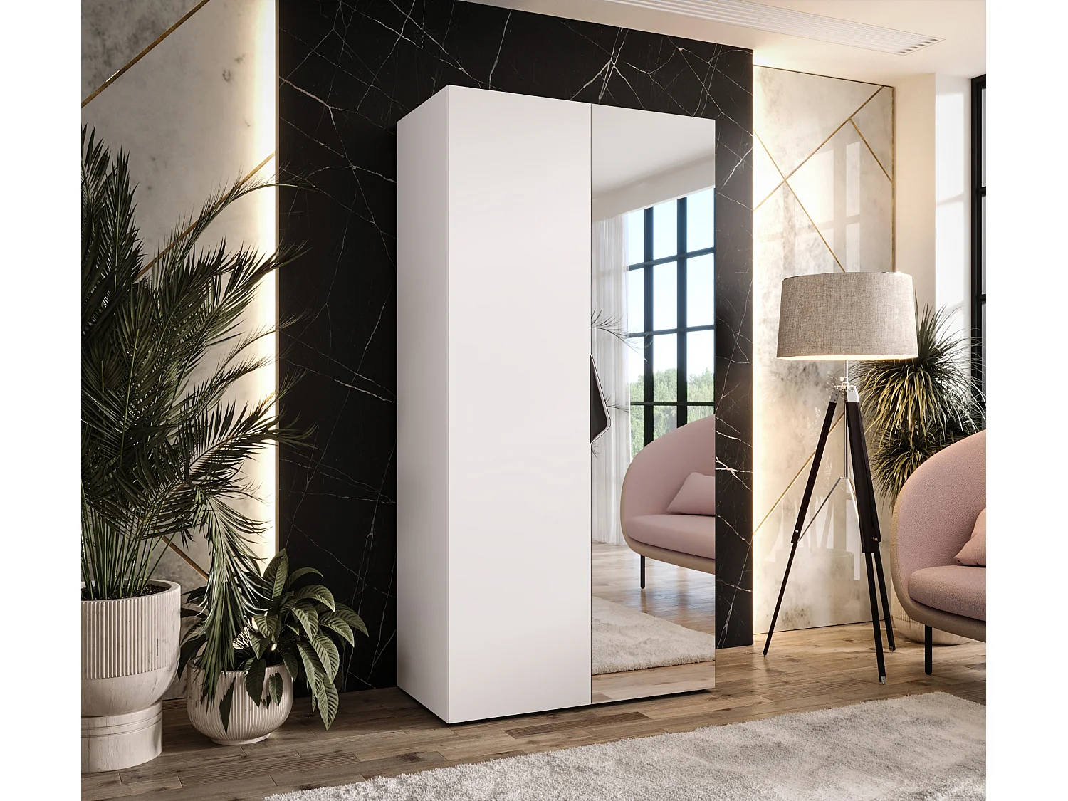 Armoire à portes battantes Sandi 2 100 / 202 / 52 (Blanc + poignées: Noir)