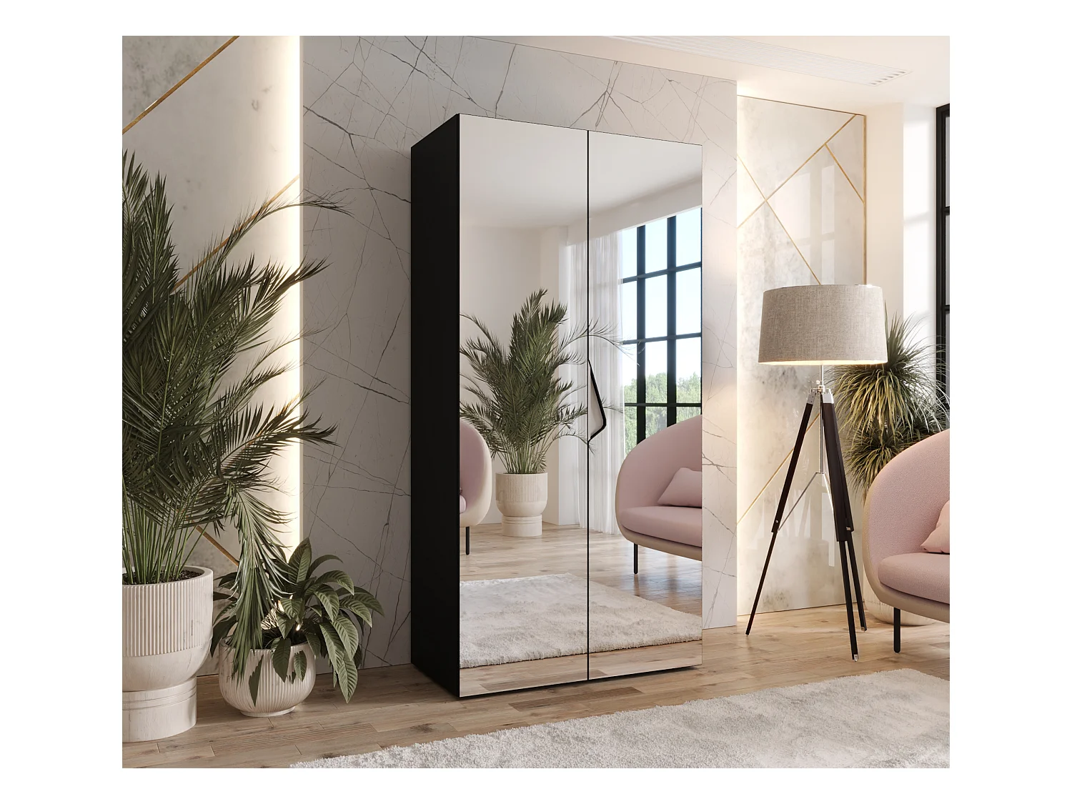 Armoire à portes battantes Sandi 3 100 / 202 / 52 (Noir + poignées: Cachemire)