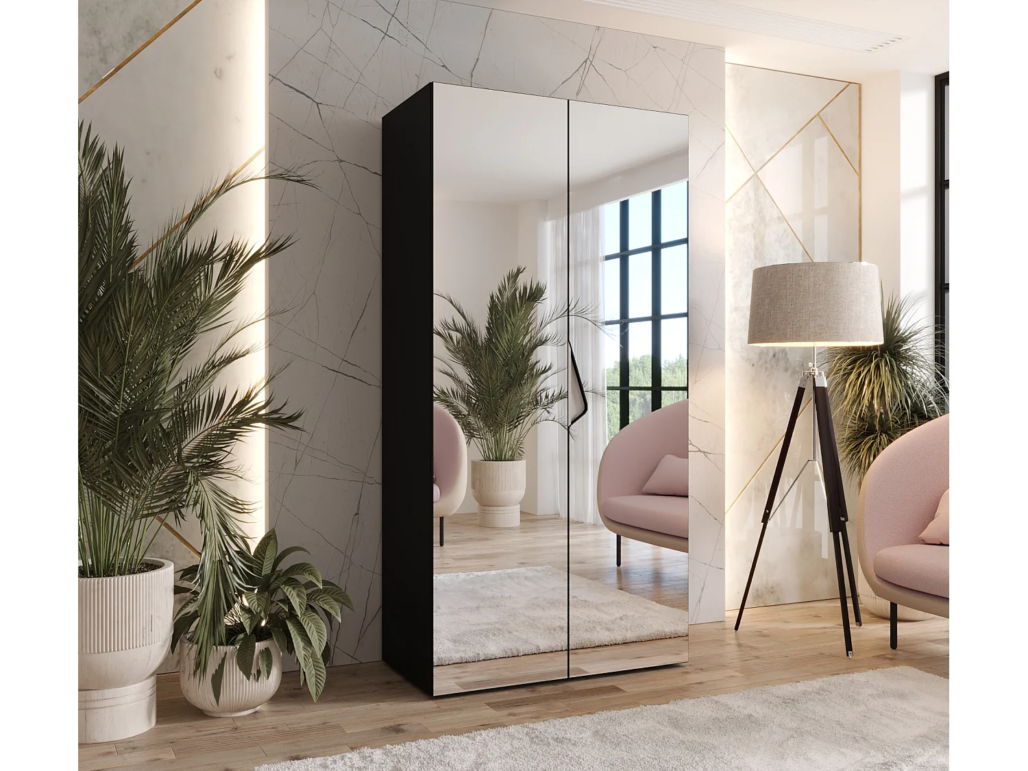 Drehtürenschrank Sandi 3 100 / 202 / 52 (Schwarz + Griffe: Kaschmir)