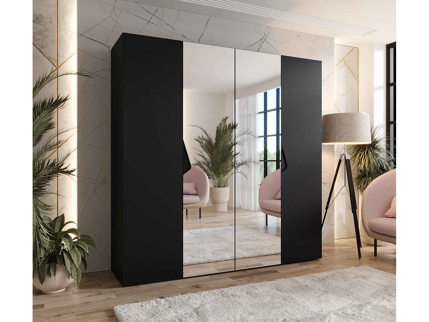 Armoire à portes battantes Sandi 2 200 / 202 / 52 (Noir + poignées: Noir)