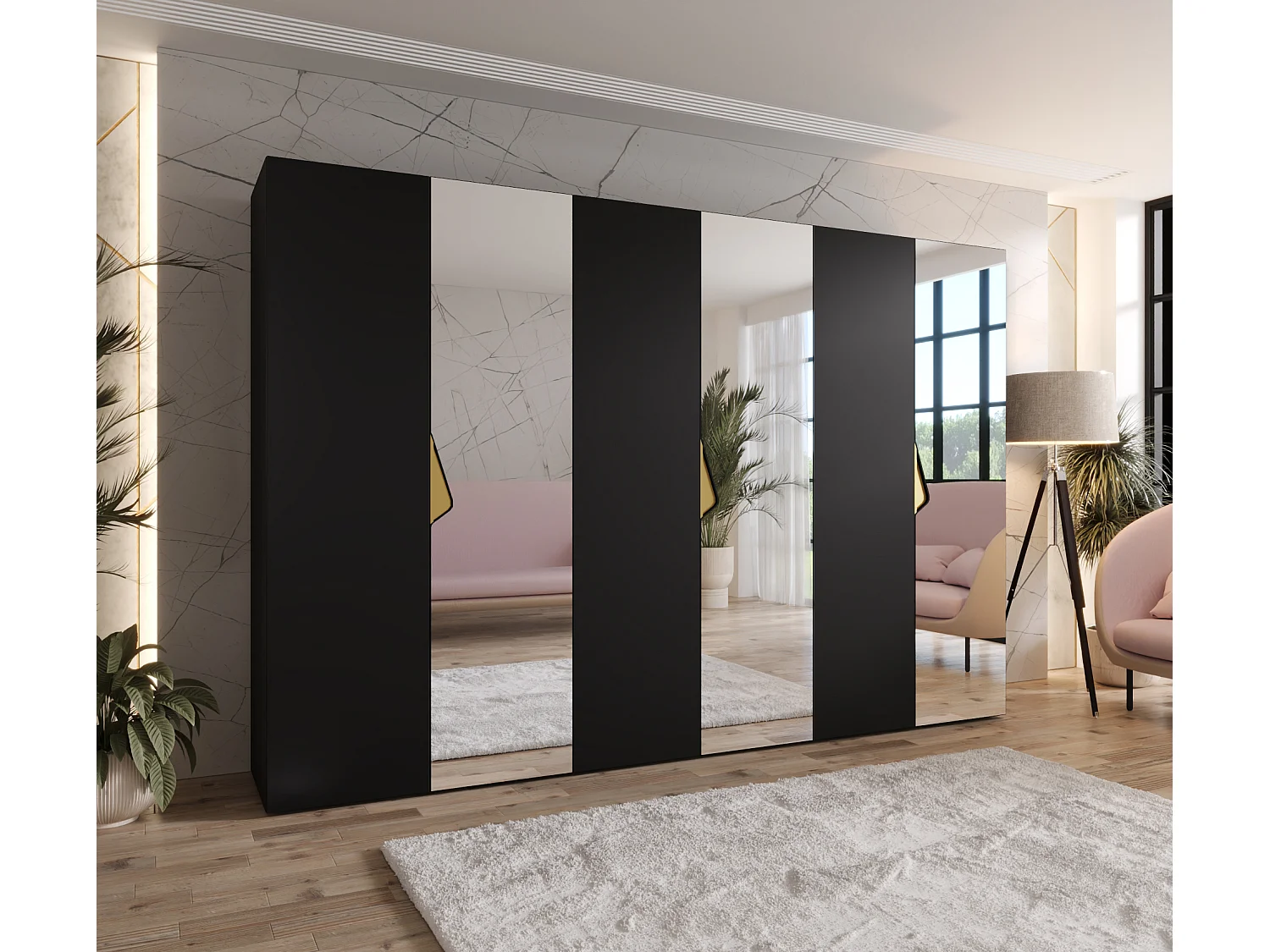 Armoire à portes battantes Sandi 2 300 (100x3) / 202 / 52 (Noir + poignées: Gold)