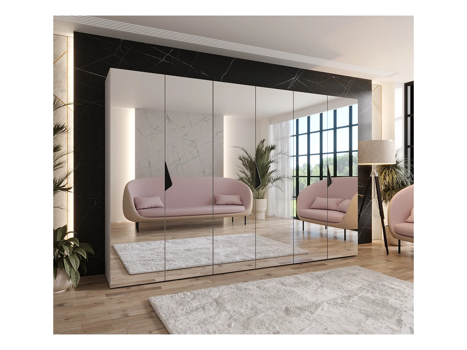 Drehtürenschrank Sandi 3 300 (100x3) / 202 / 52 (Kaschmir + Griffe: Schwarz)