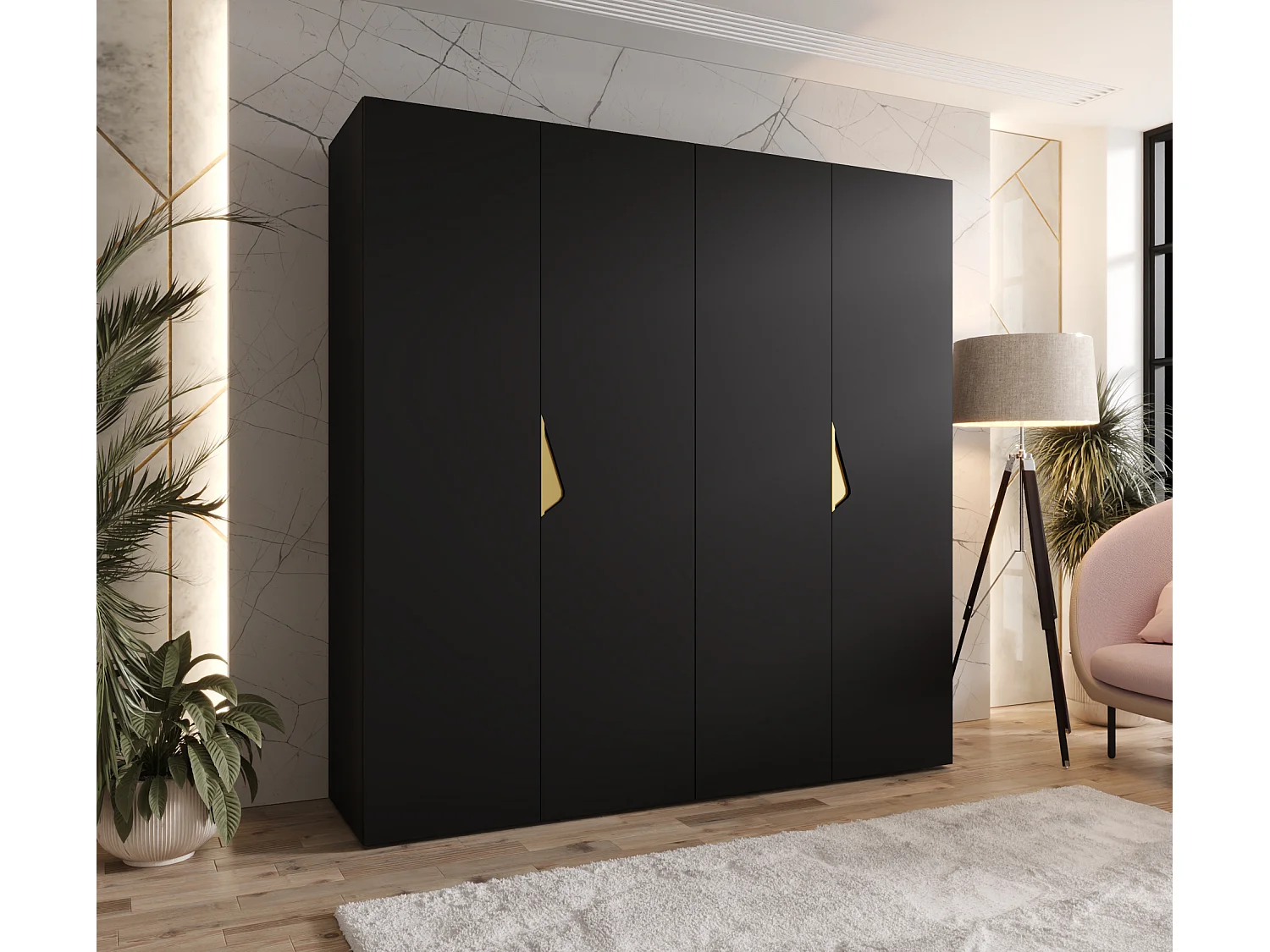 Armoire à portes battantes Sandi 1 200 / 202 / 52 (Noir + poignées: Gold)