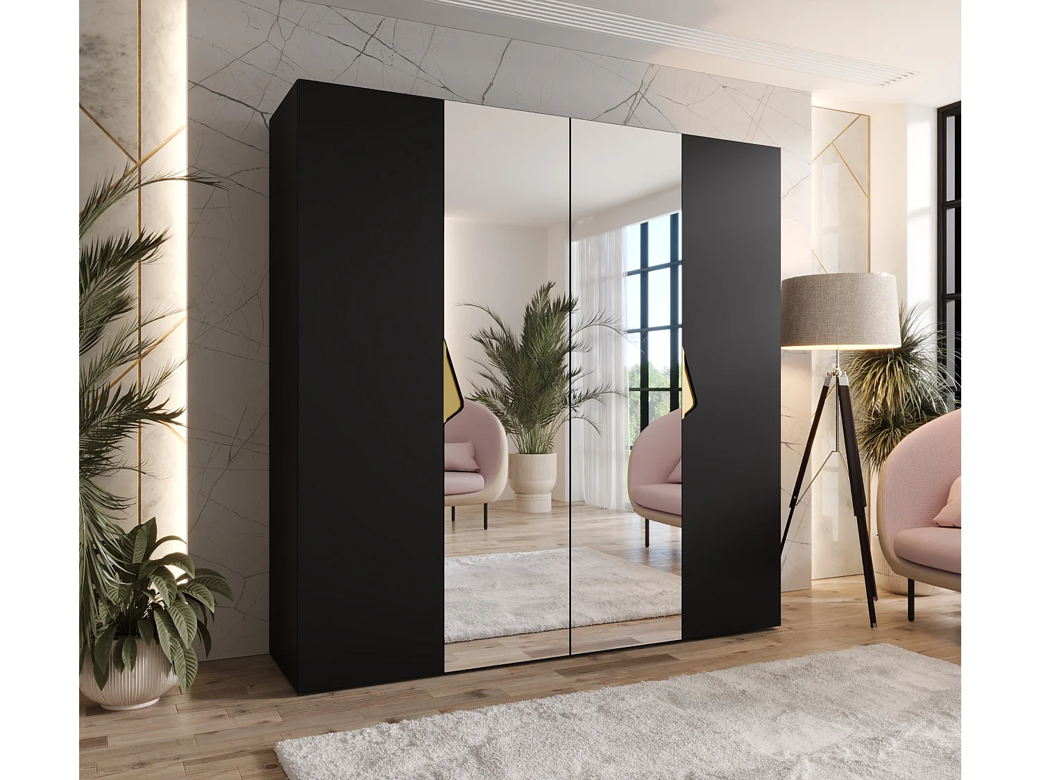 Armoire à portes battantes Sandi 2 200 / 202 / 52 (Noir + poignées: Gold)