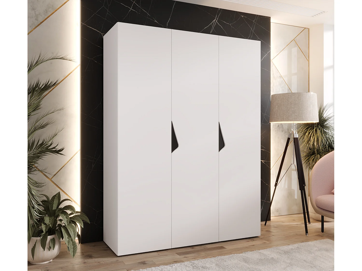 Armoire à portes battantes Sandi 1 150 / 202 / 52 (Blanc + poignées: Noir)