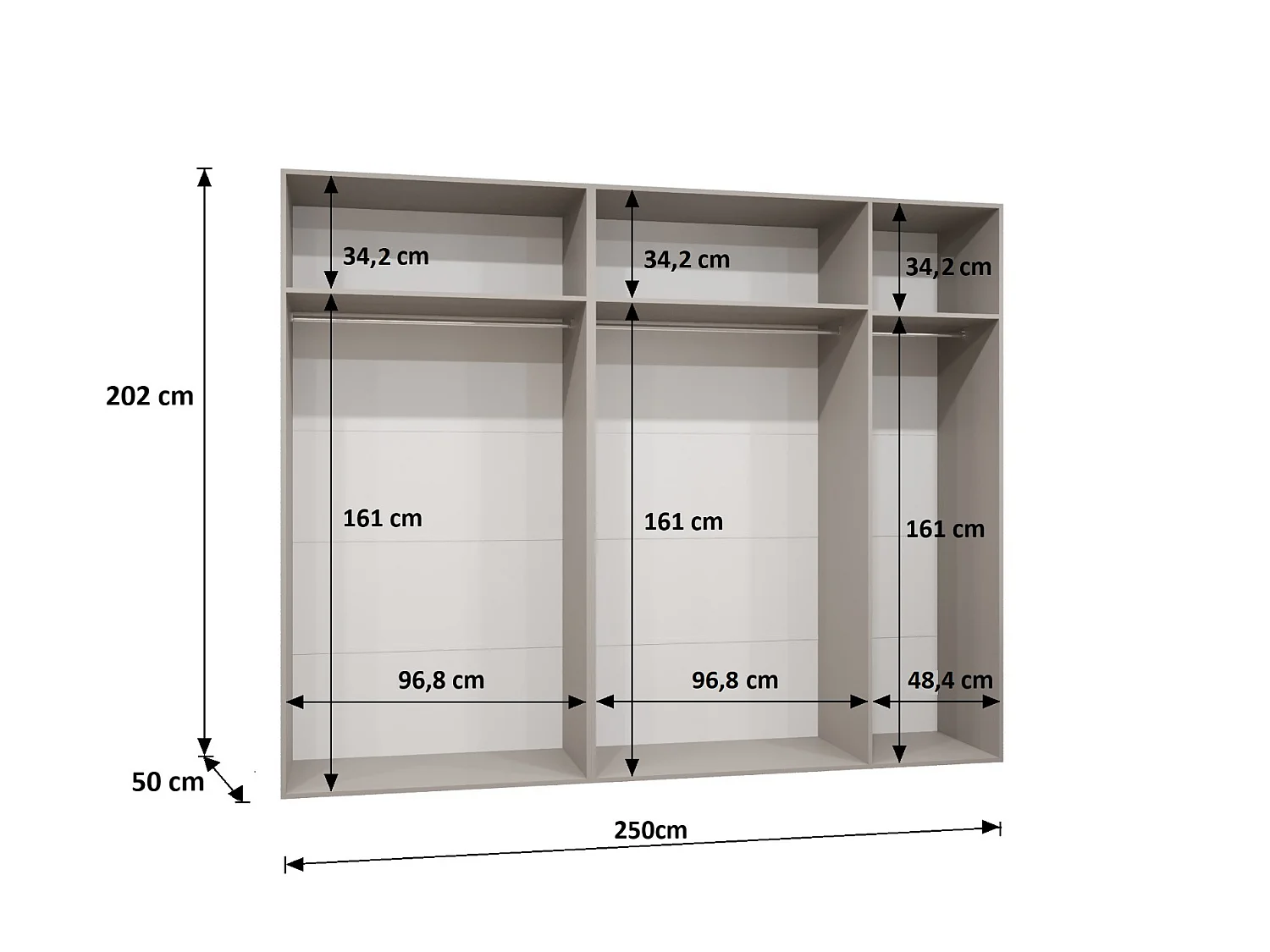 Armoire à portes battantes Sandi 1 250 / 202 / 52 (Blanc + poignées: Cachemire)