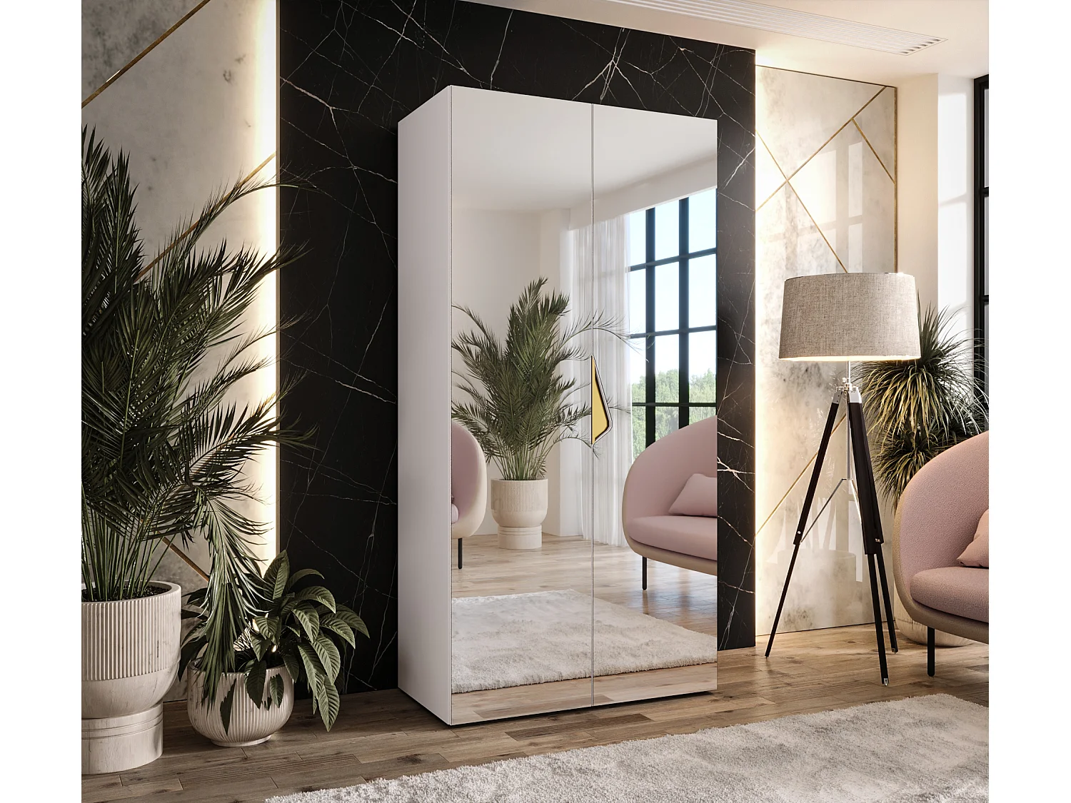 Armoire à portes battantes Sandi 3 100 / 202 / 52 (Blanc + poignées: Gold)