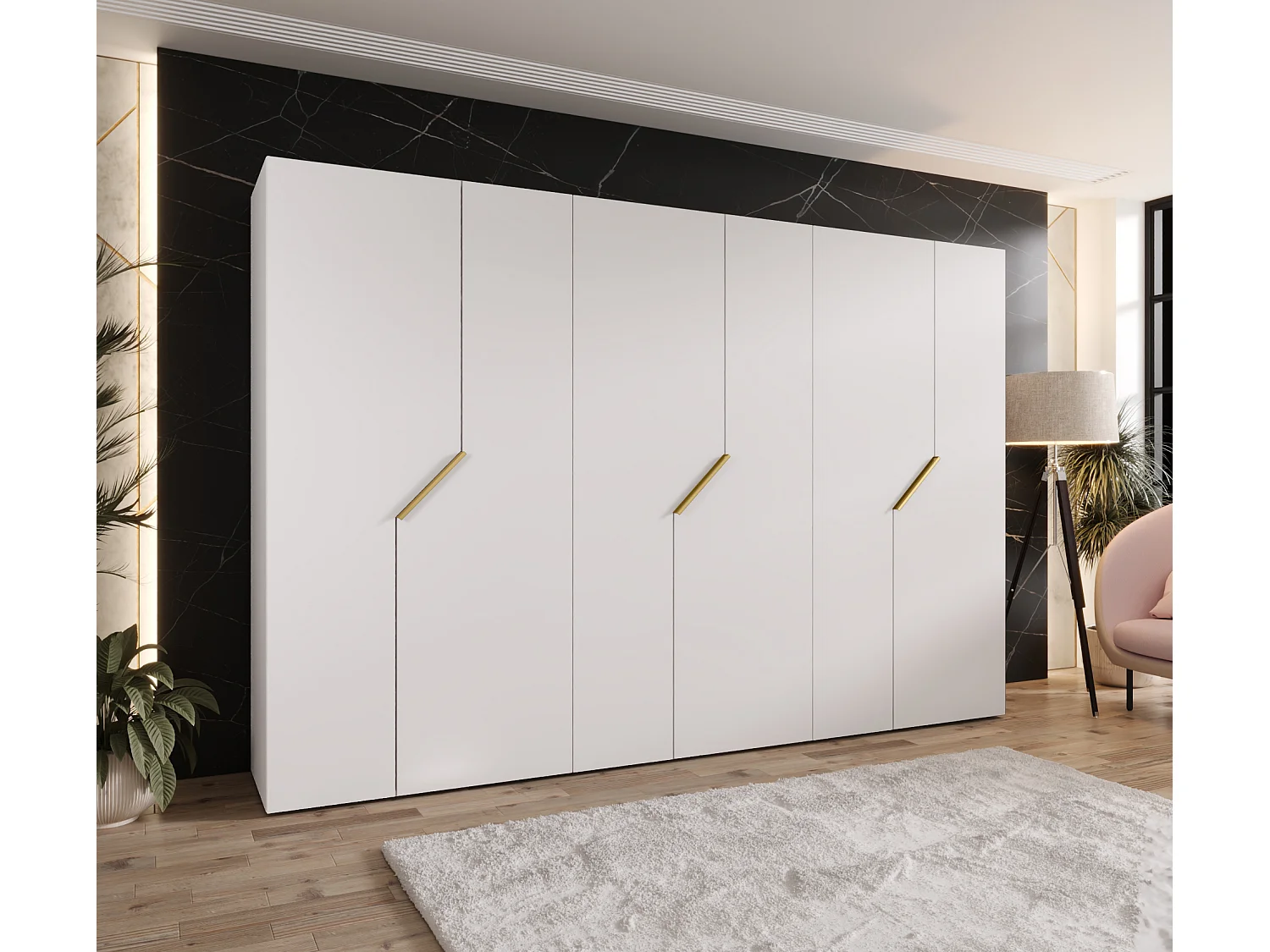 Armoire à portes battantes Andrew 1 300 / 202 / 52 (Blanc + poignées: Gold)