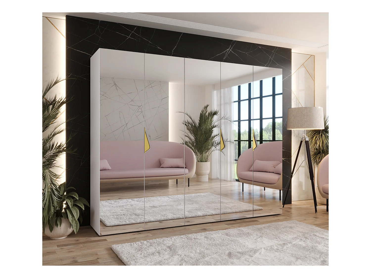 Armoire à portes battantes Sandi 3 250 / 202 / 52 (Blanc + poignées: Gold)