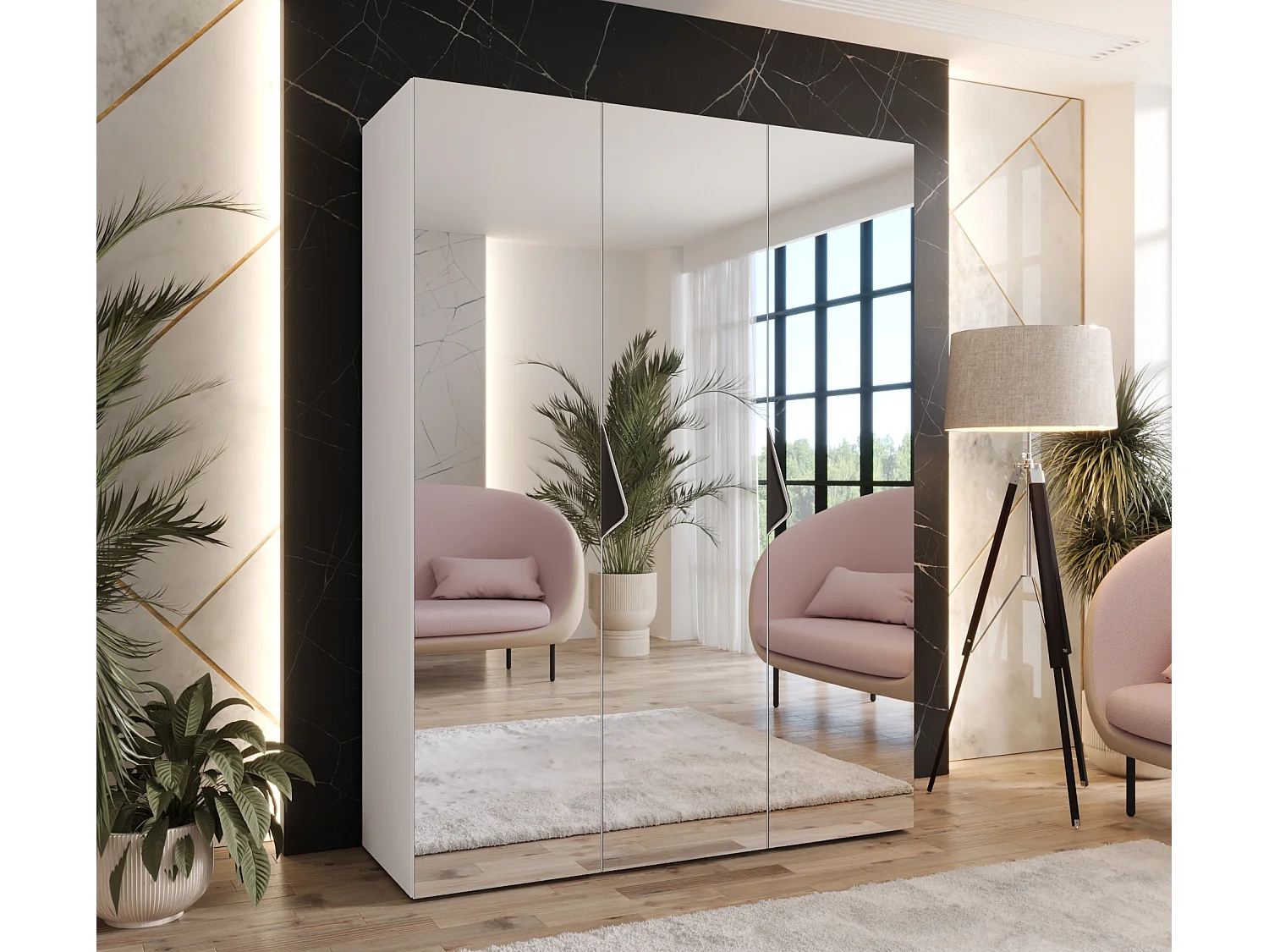 Armoire à portes battantes Sandi 3 150 / 202 / 52 (Blanc + poignées: Noir)