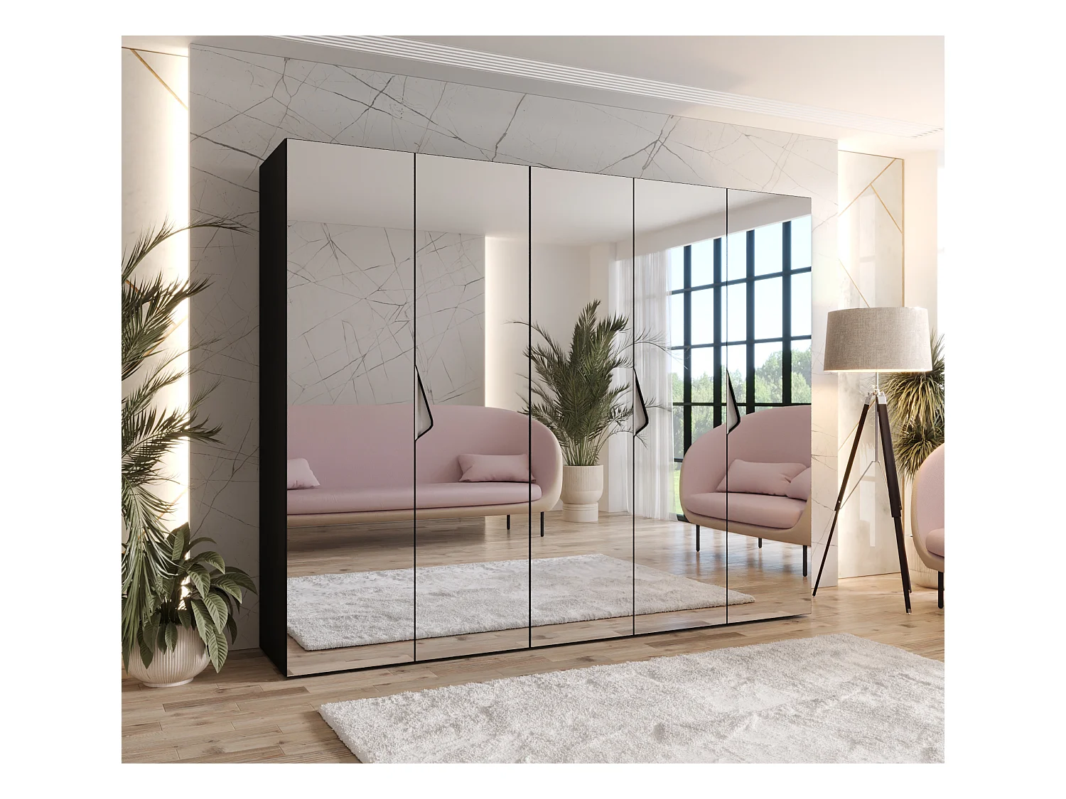 Armoire à portes battantes Sandi 3 250 / 202 / 52 (Noir + poignées: Cachemire)