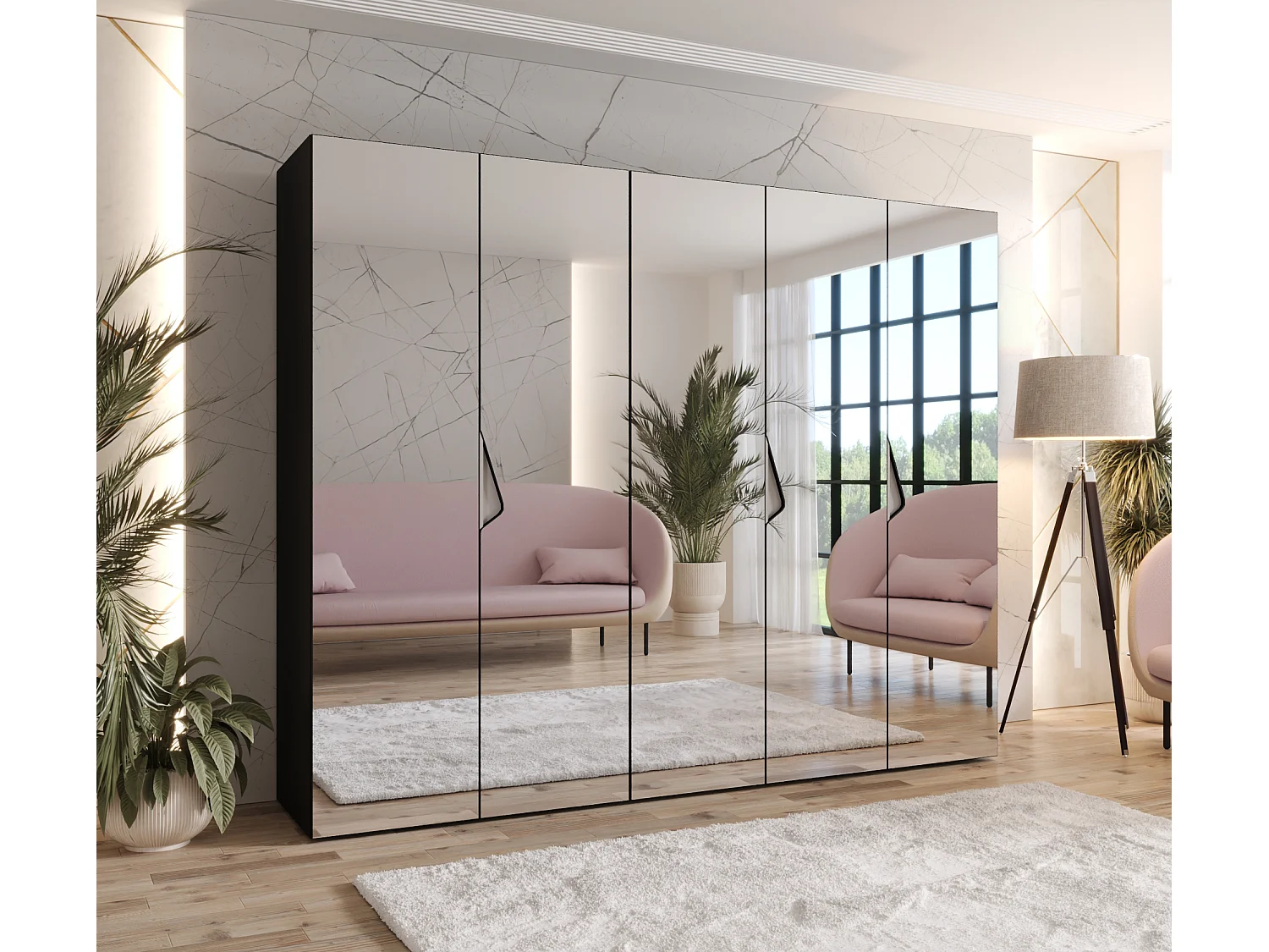 Armoire à portes battantes Sandi 3 250 / 202 / 52 (Noir + poignées: Cachemire)