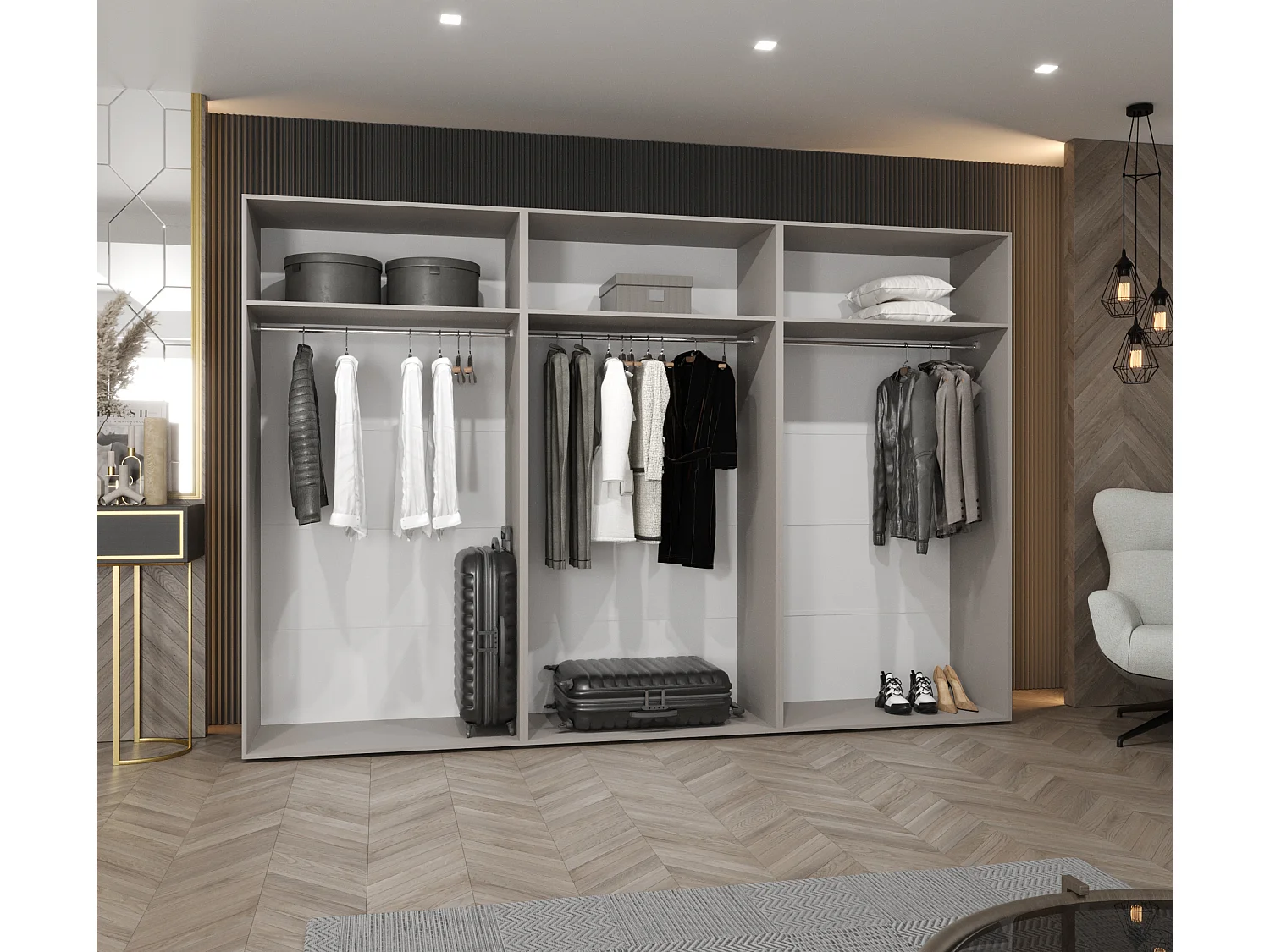 Armoire à portes battantes Sandi 3 300 (100x3) / 202 / 52 (Noir + poignées: Gold)