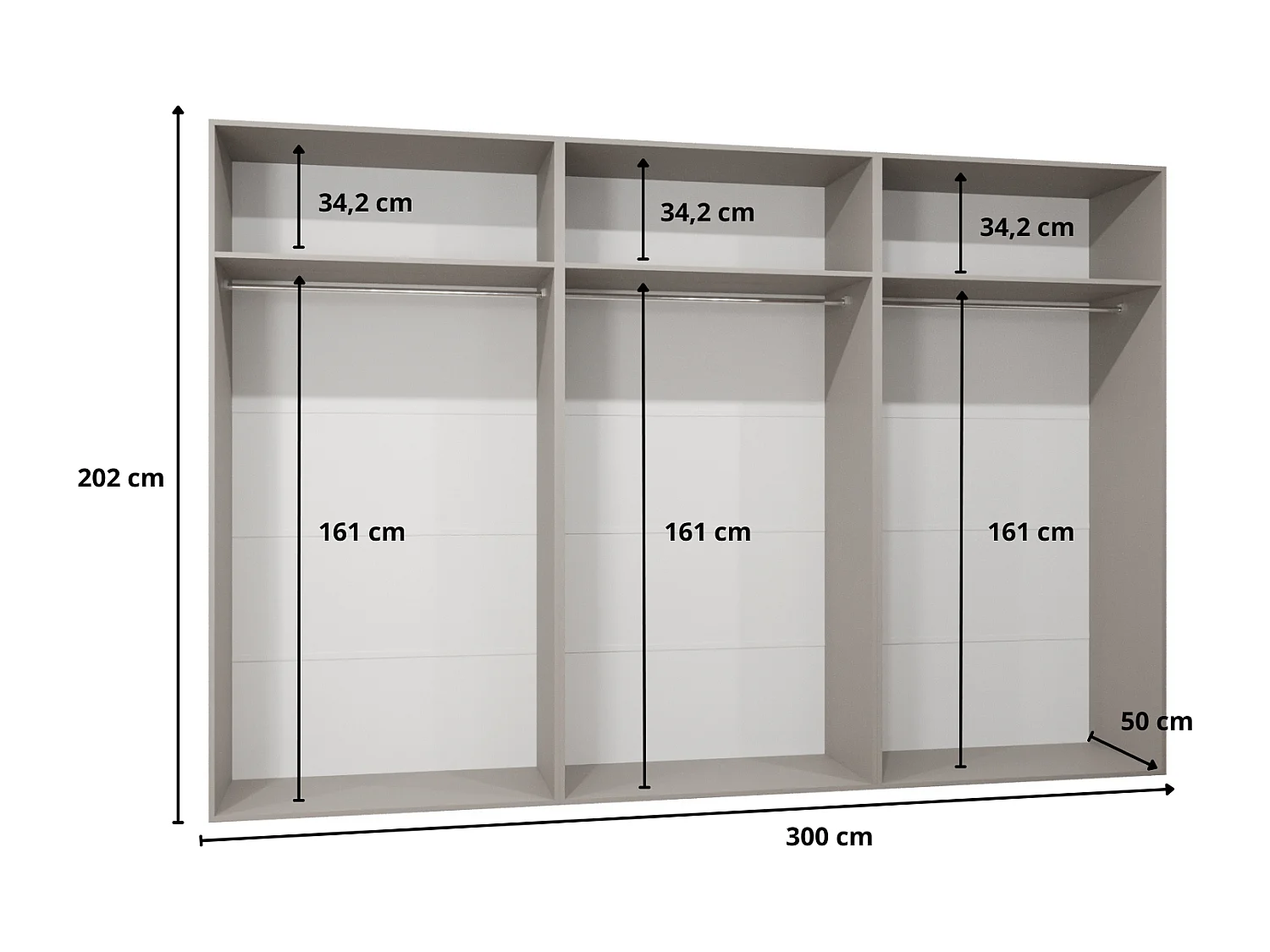 Armoire à portes battantes Sandi 1 300 (100x3) / 202 / 52 (Cachemire + poignées: Gold)
