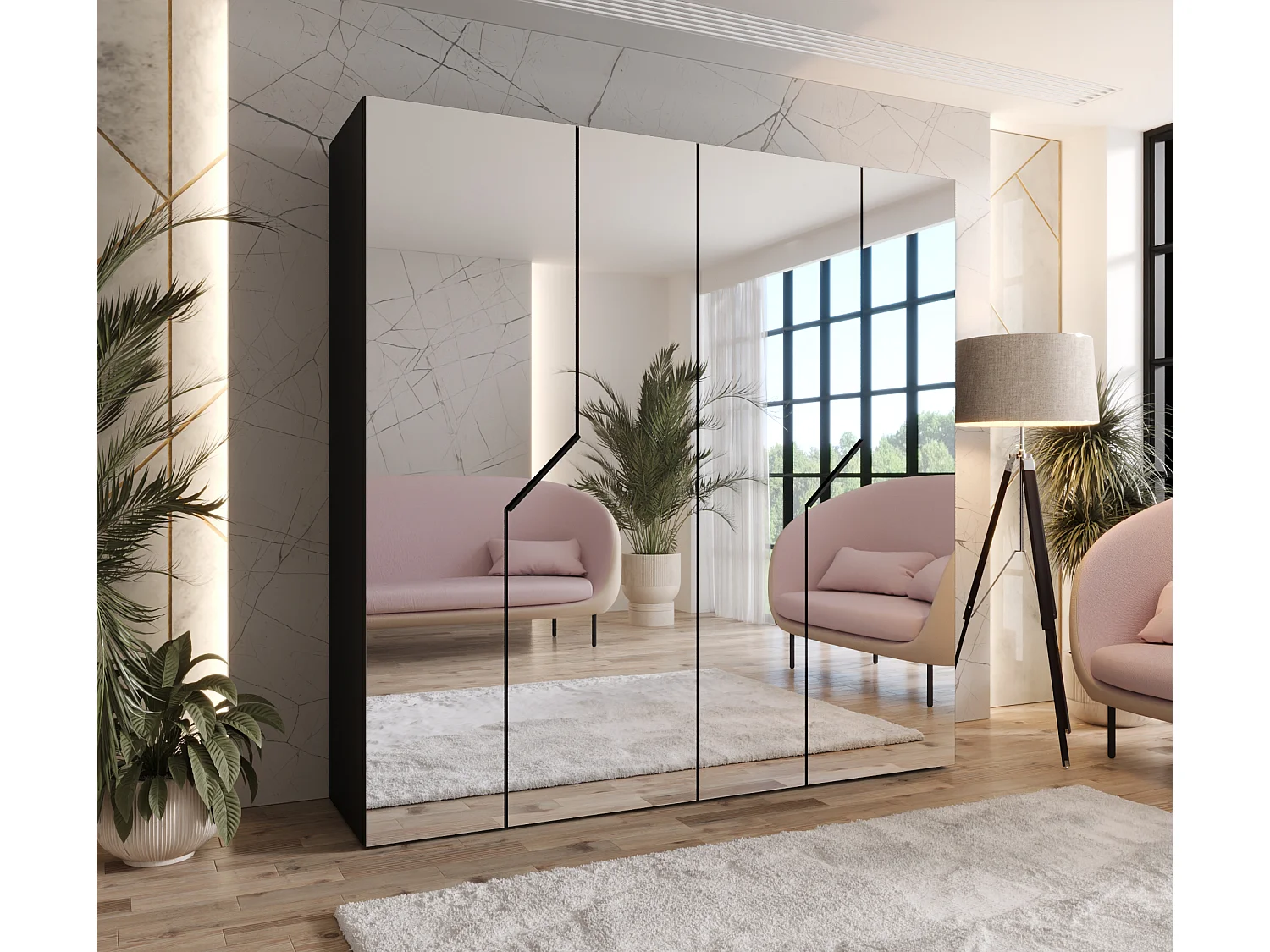 Armoire à portes battantes Andrew 3 200 / 202 / 52 (Noir + poignées: Noir)