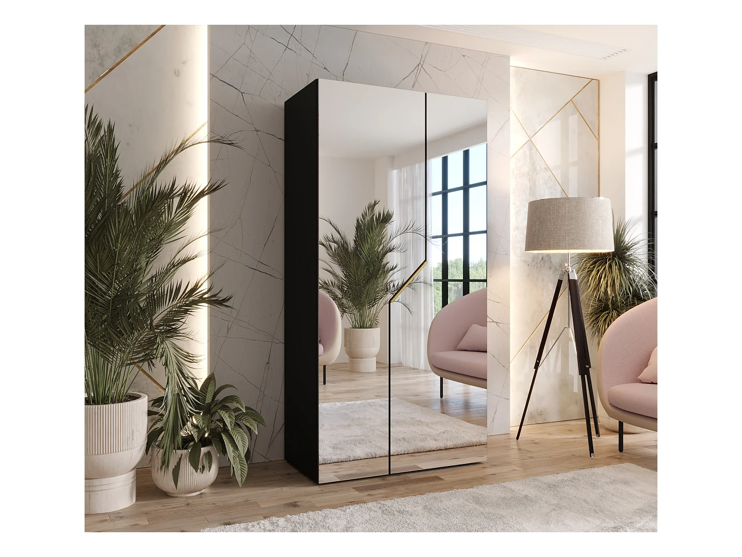 Drehtürenschrank Andrew 3 100 / 202 / 52 (Schwarz + Griffe: Gold)