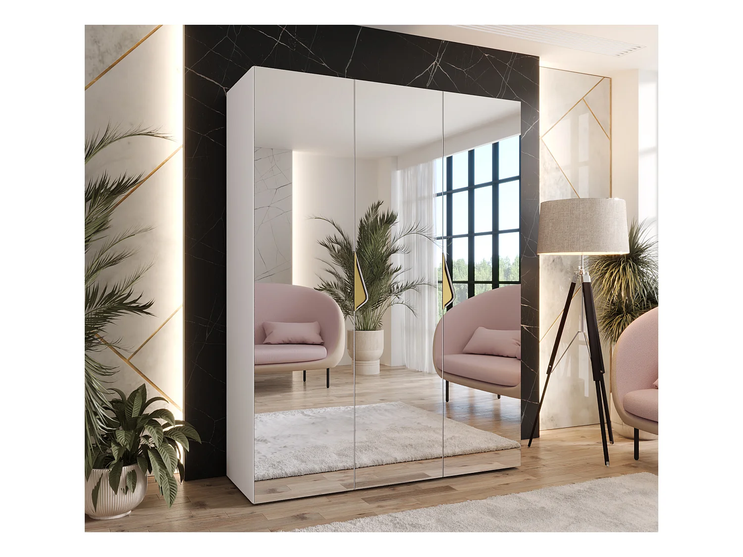 Drehtürenschrank Sandi 3 150 / 202 / 52 (Weiß + Griffe: Gold)