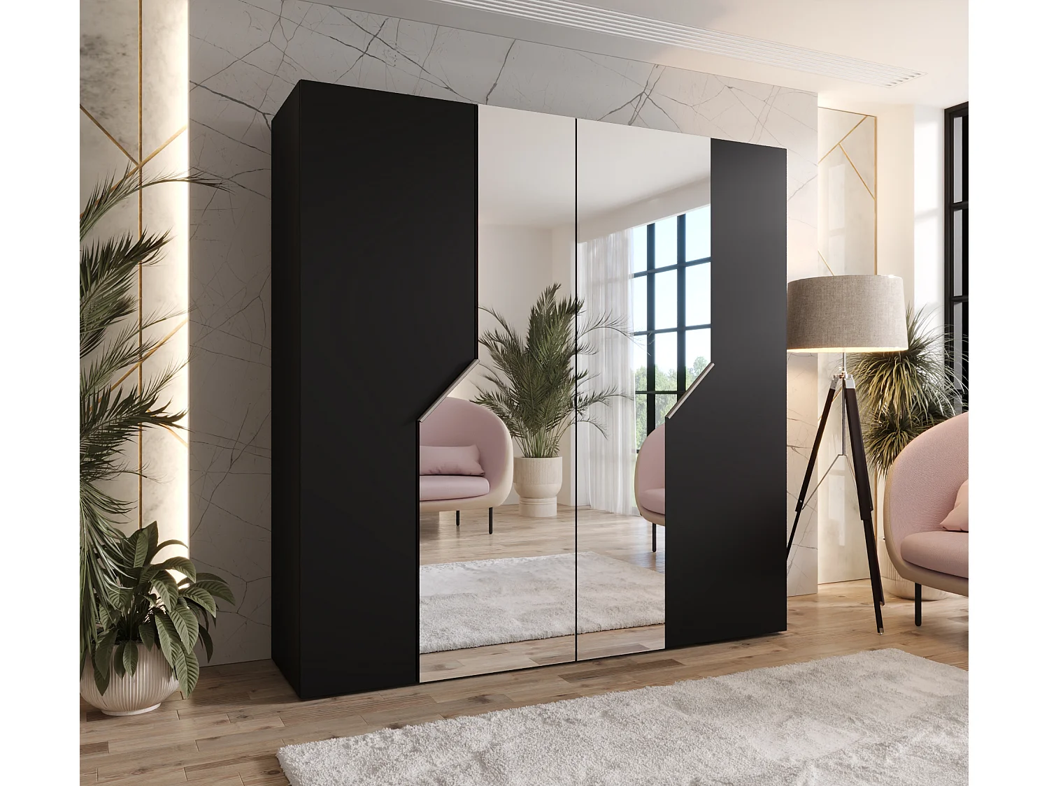 Armoire à portes battantes Andrew 2 200 / 202 / 52 (Noir + poignées: Cachemire)