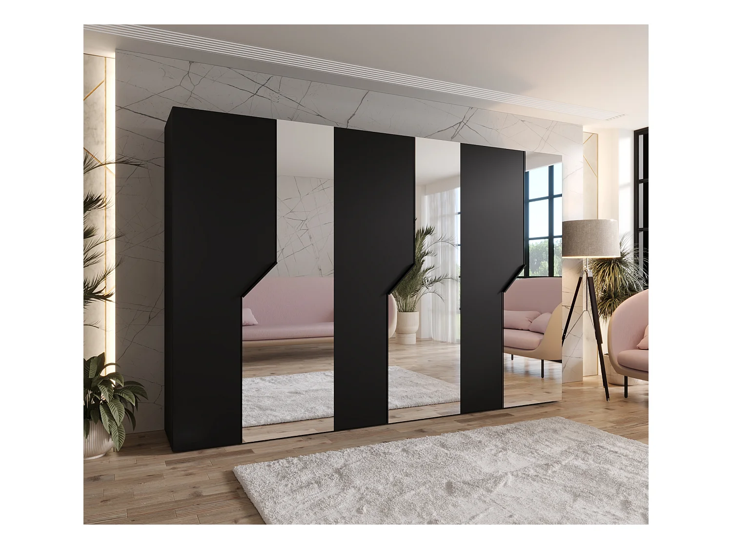 Armoire à portes battantes Andrew 2 300 / 202 / 52 (Noir + poignées: Noir)