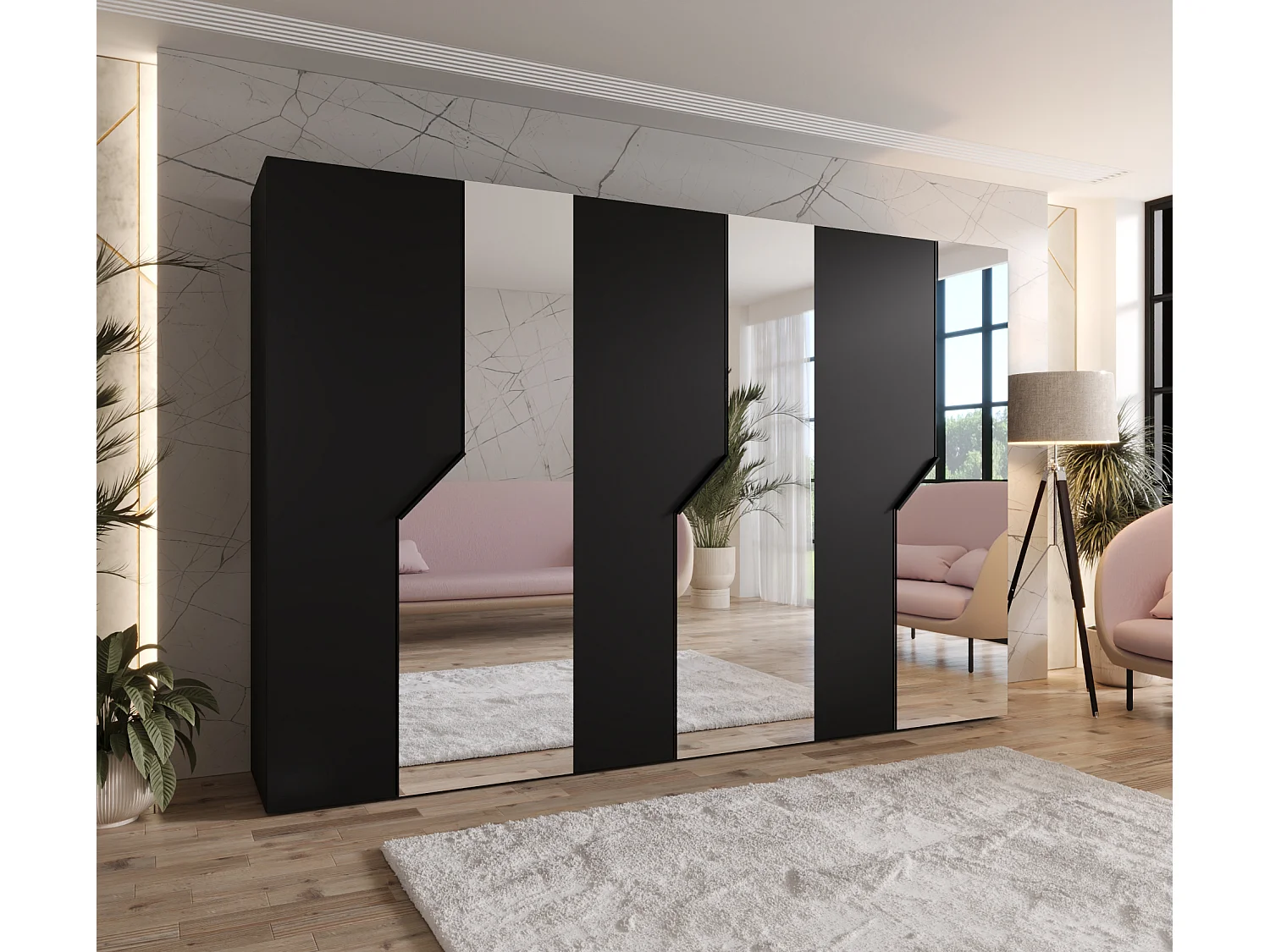 Armoire à portes battantes Andrew 2 300 / 202 / 52 (Noir + poignées: Noir)