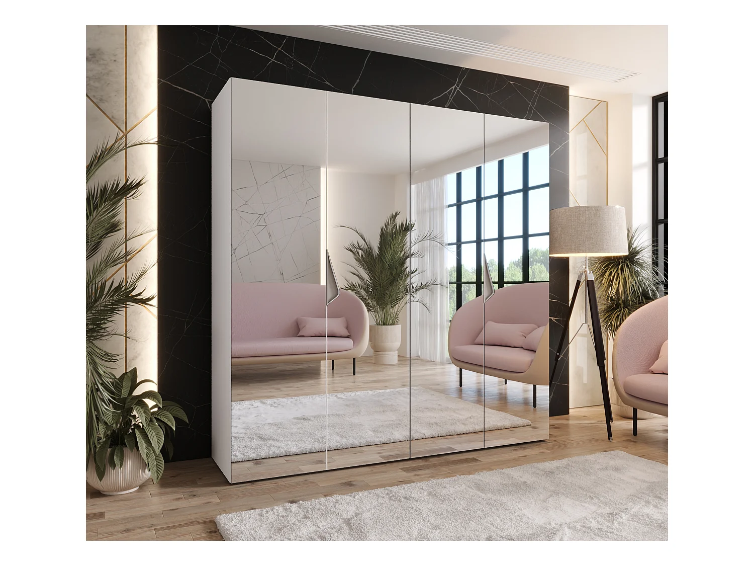 Drehtürenschrank Sandi 3 200 / 202 / 52 (Weiß + Griffe: Kaschmir)