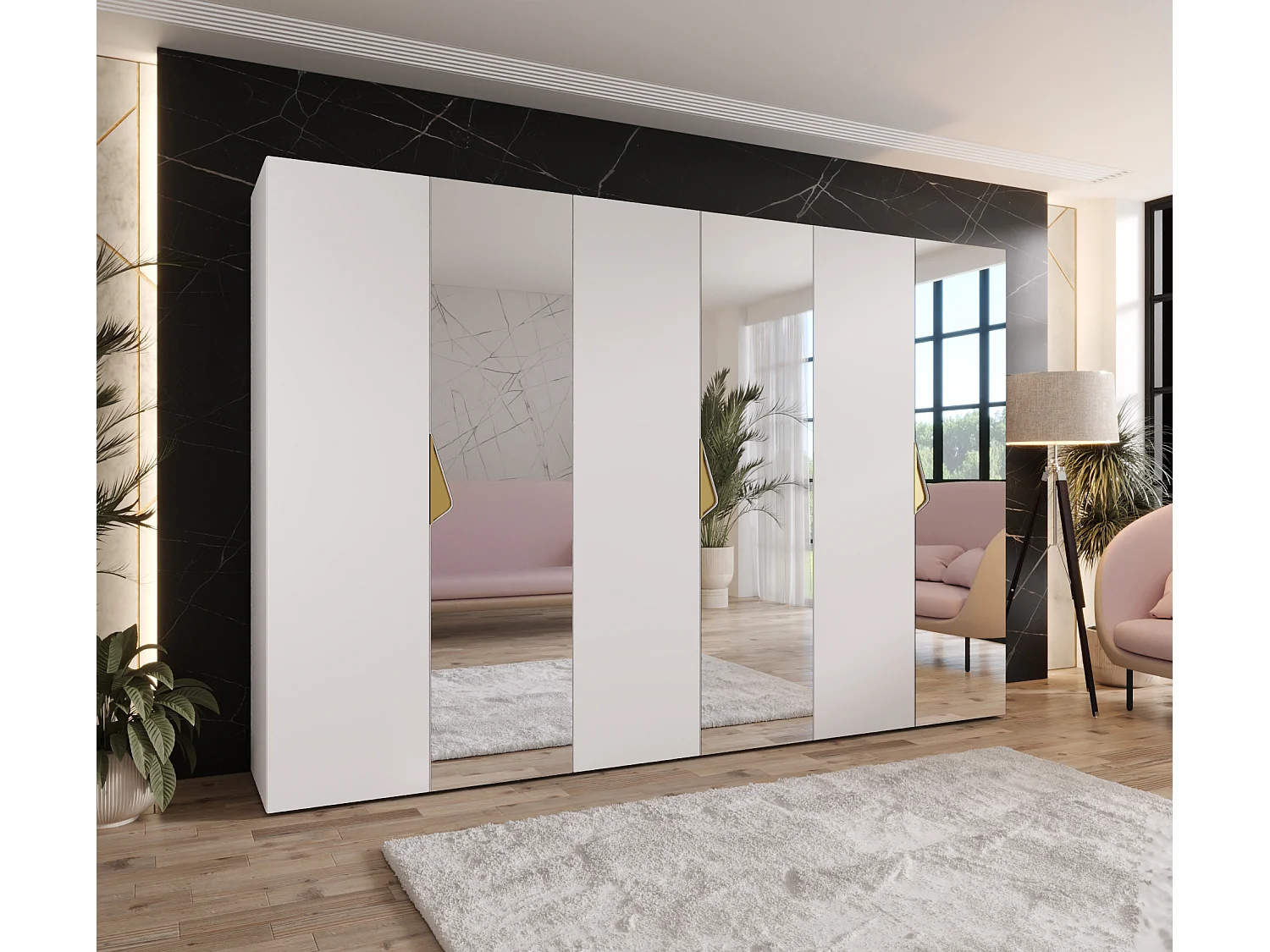 Armoire à portes battantes Sandi 2 300 (100x3) / 202 / 52 (Blanc + poignées: Gold)