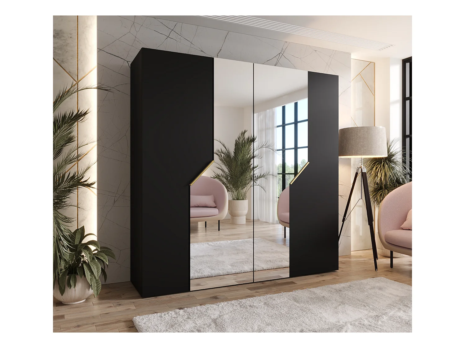 Armoire à portes battantes Andrew 2 200 / 202 / 52 (Noir + poignées: Gold)