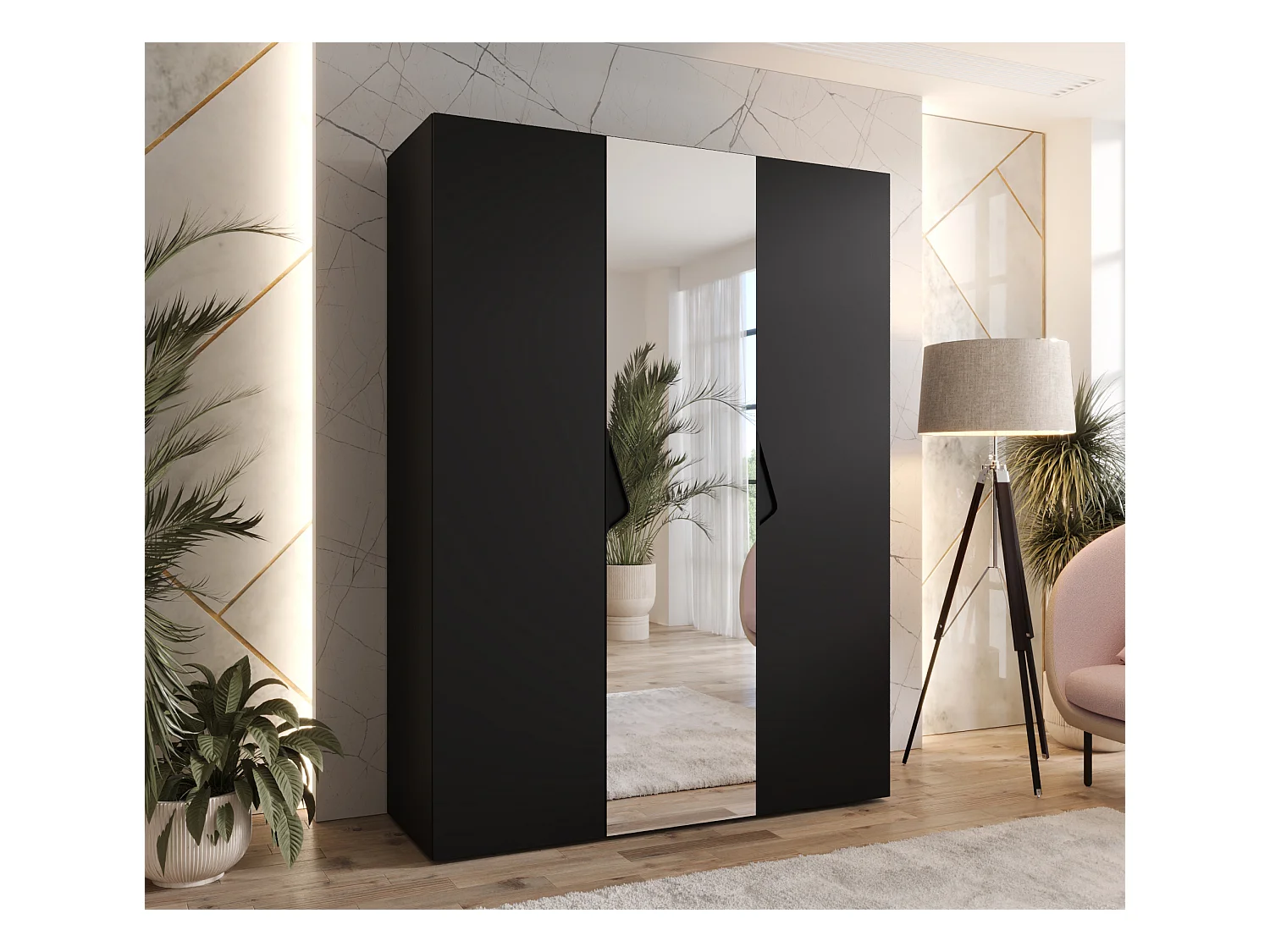 Armadio con ante a battente Sandi 2 150 / 202 / 52 (Nero + Maniglie: Nero)