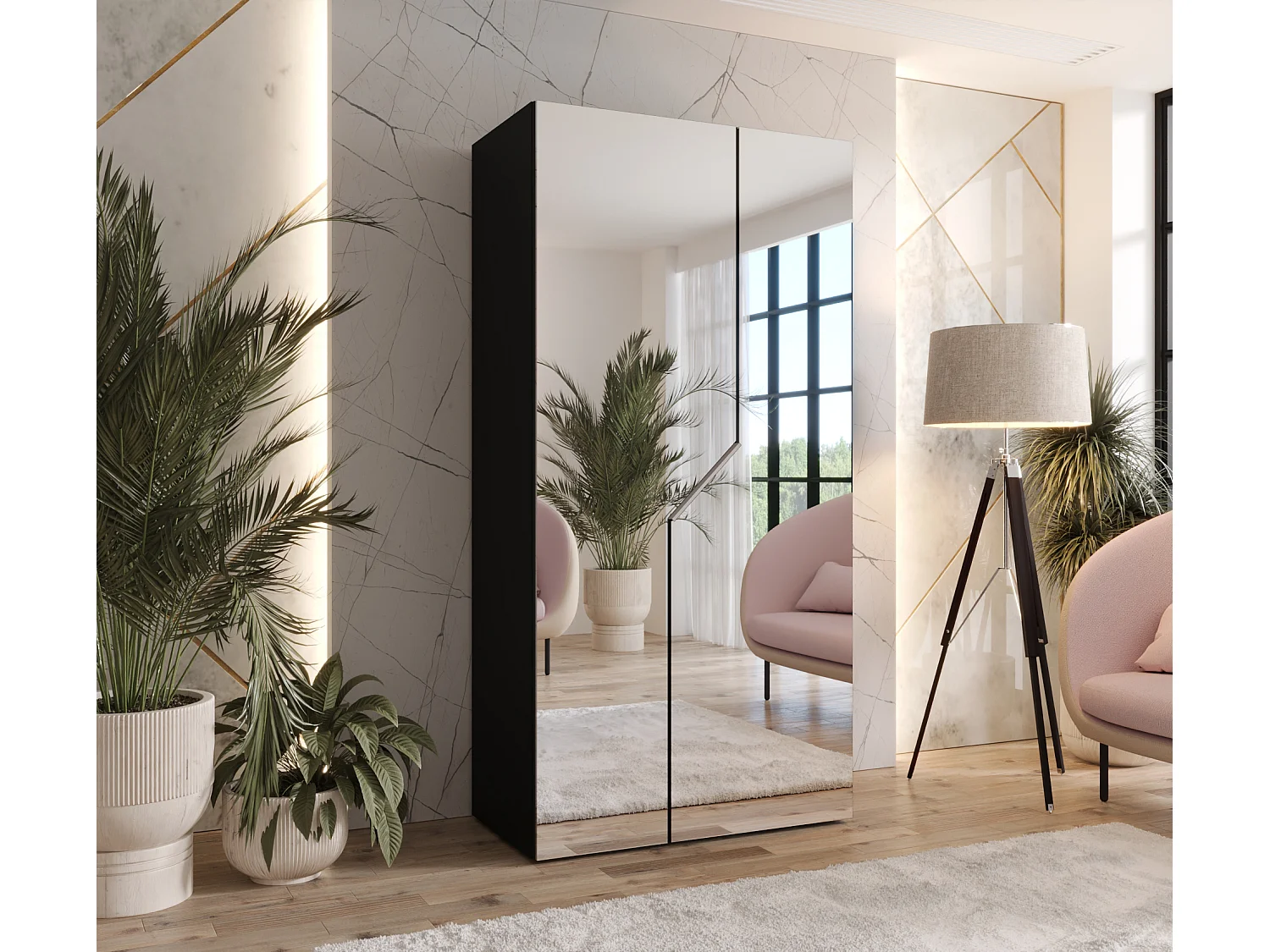 Drehtürenschrank Andrew 3 100 / 202 / 52 (Schwarz + Griffe: Kaschmir)