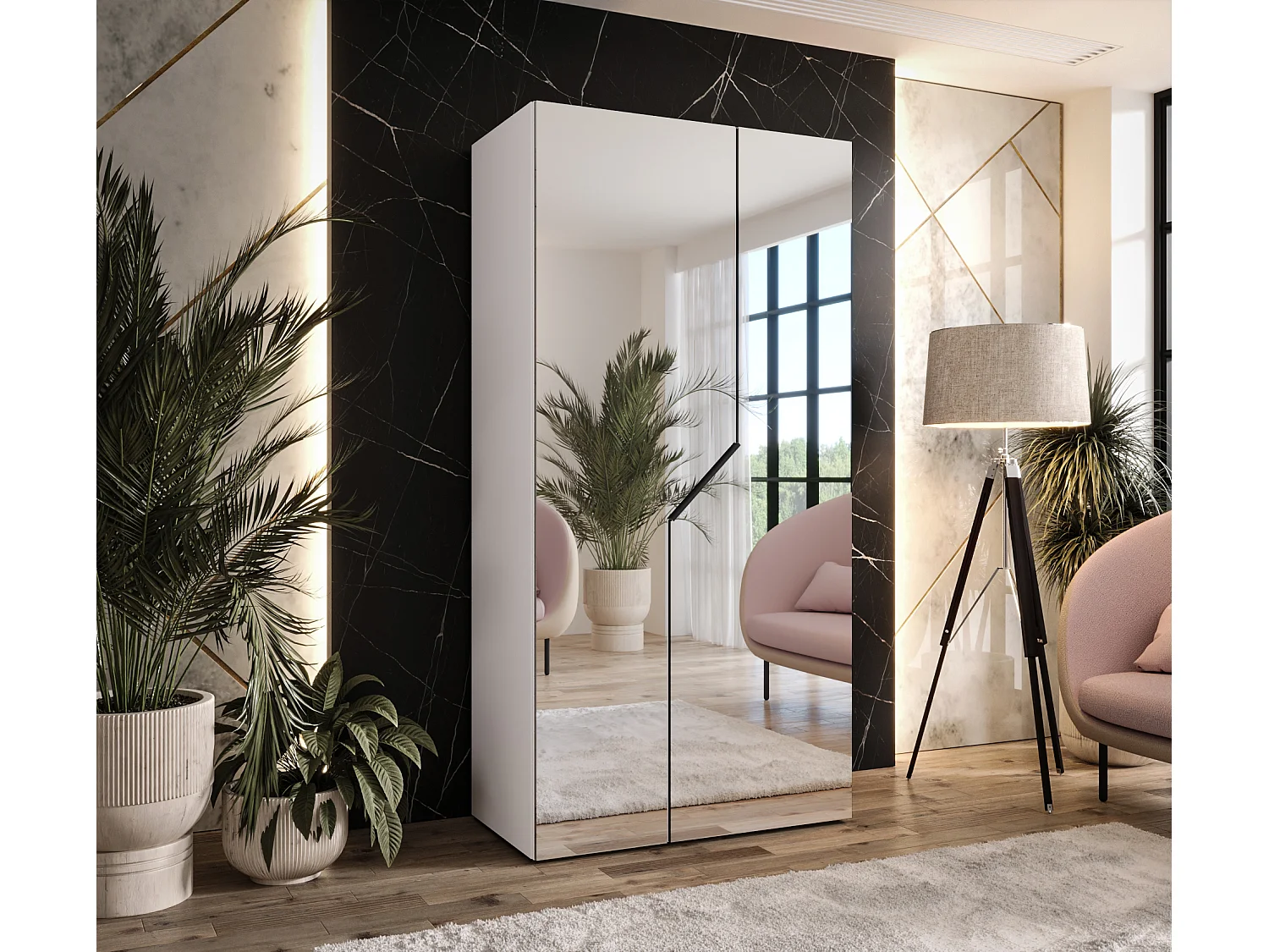 Armoire à portes battantes Andrew 3 100 / 202 / 52 (Blanc + poignées: Noir)