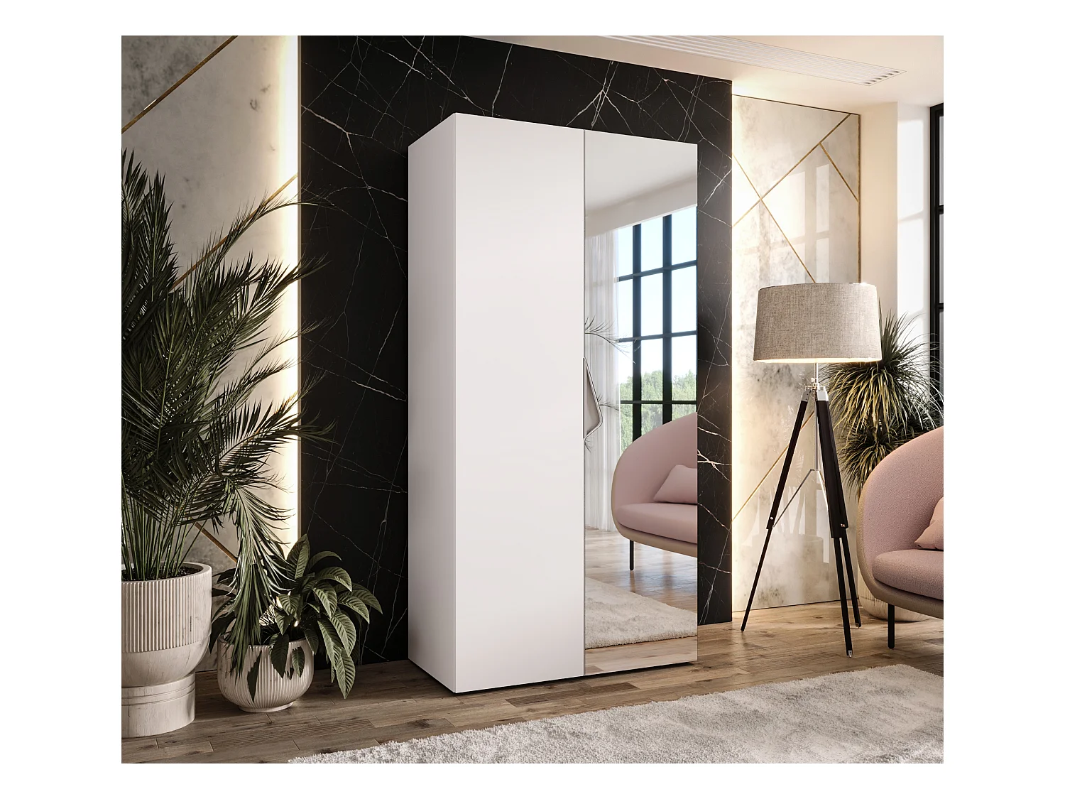 Drehtürenschrank Sandi 2 100 / 202 / 52 (Weiß + Griffe: Kaschmir)