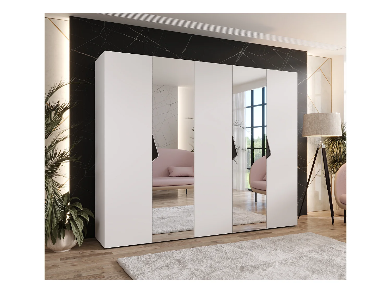 Drehtürenschrank Sandi 2 250 / 202 / 52 (Weiß + Griffe: Schwarz)