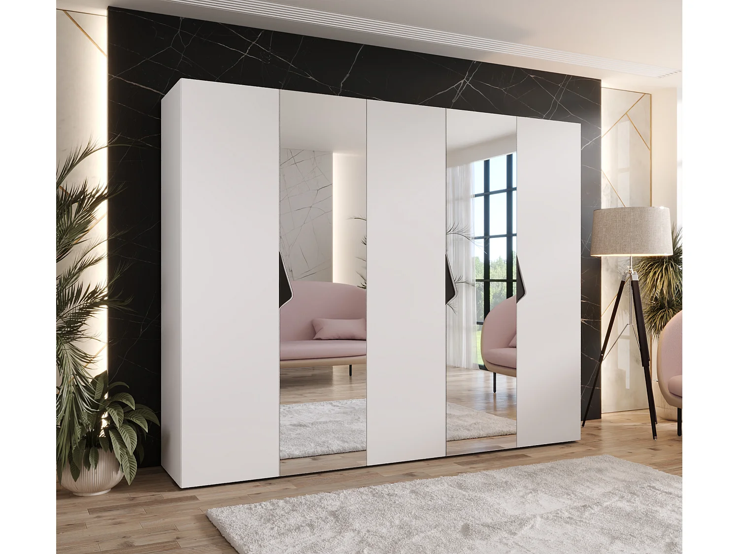 Armoire à portes battantes Sandi 2 250 / 202 / 52 (Blanc + poignées: Noir)