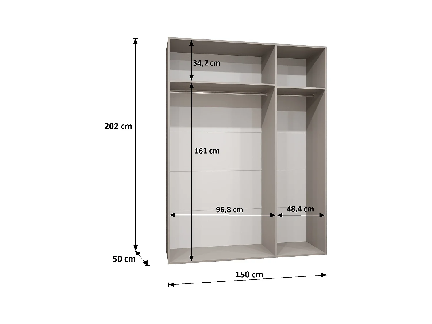 Armoire à portes battantes Sandi 2 150 / 202 / 52 (Blanc + poignées: Cachemire)