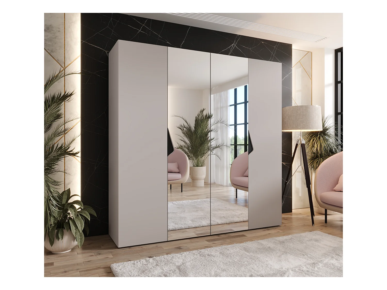 Armoire à portes battantes Sandi 2 200 / 202 / 52 (Cachemire + poignées: Noir)