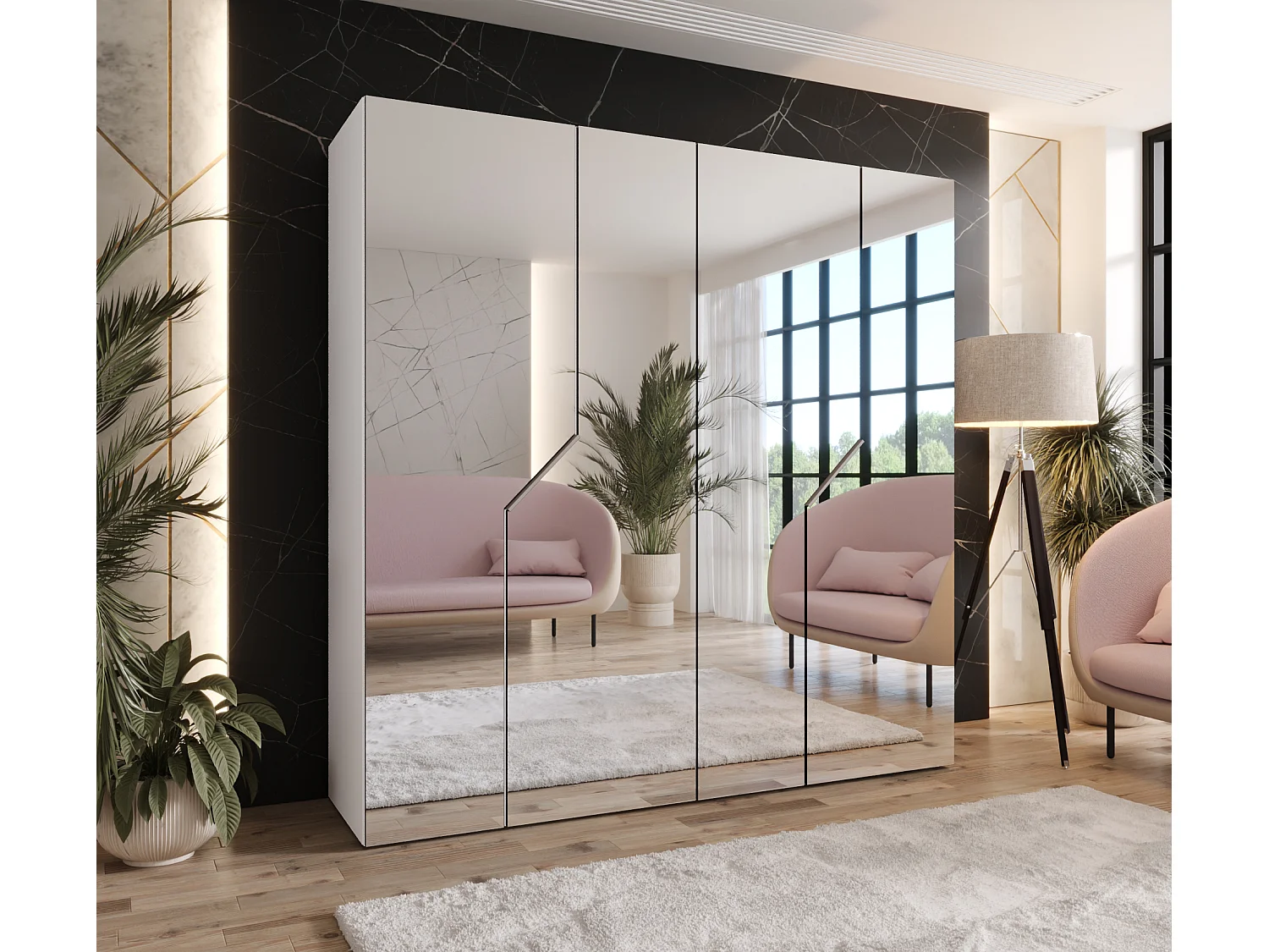 Armoire à portes battantes Andrew 3 200 / 202 / 52 (Blanc + poignées: Cachemire)