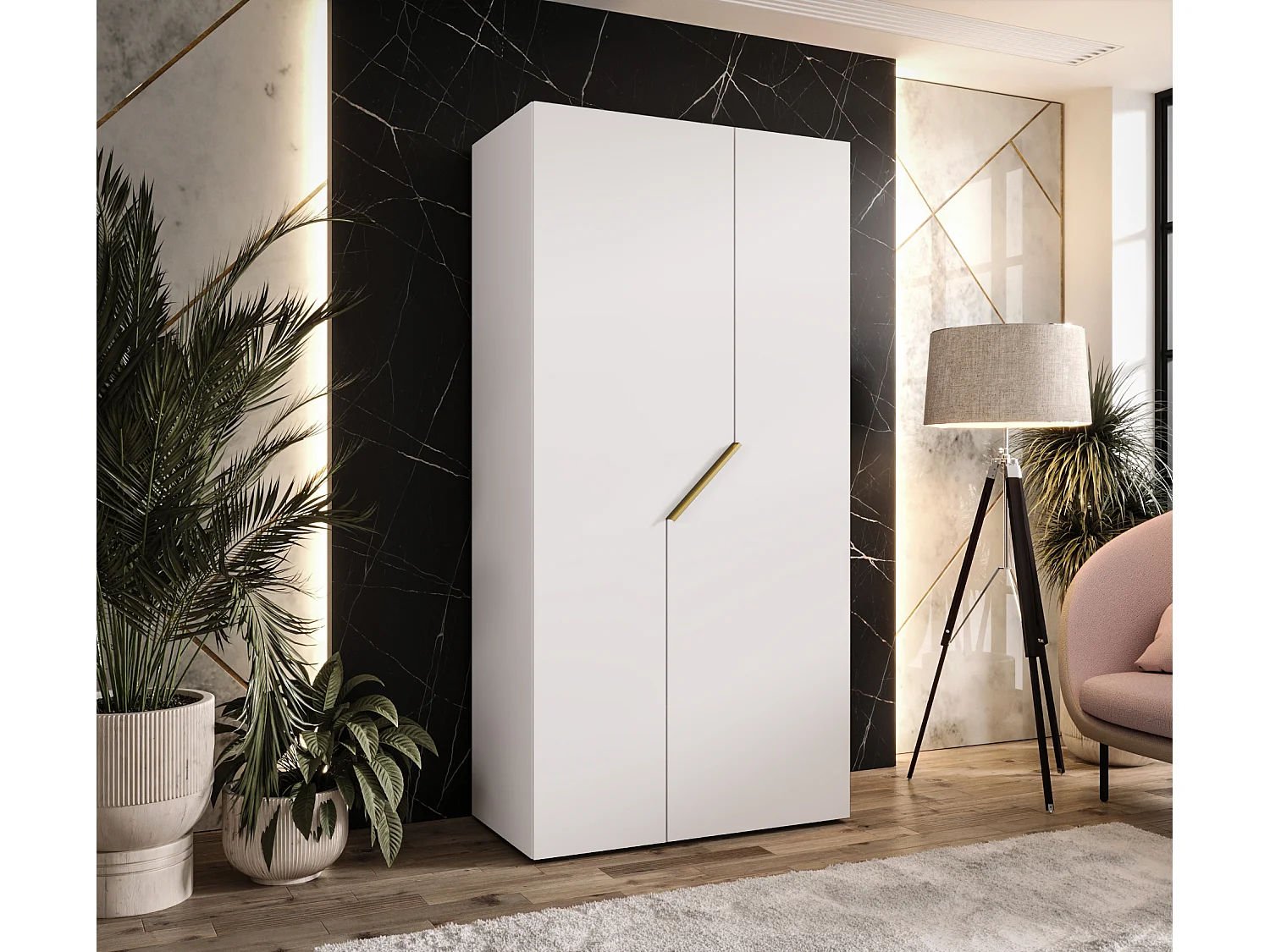 Armoire à portes battantes Andrew 1 100 / 202 / 52 (Blanc + poignées: Gold)