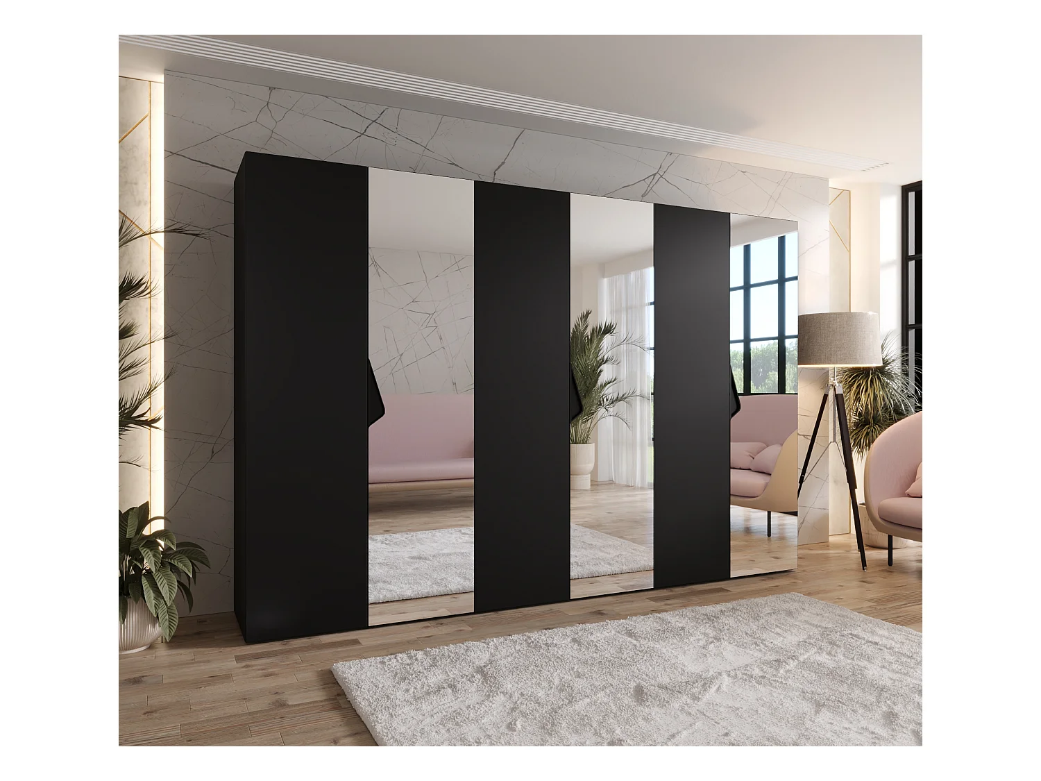 Armadio con ante a battente Sandi 2 300 (100x3) / 202 / 52 (Nero + Maniglie: Nero)