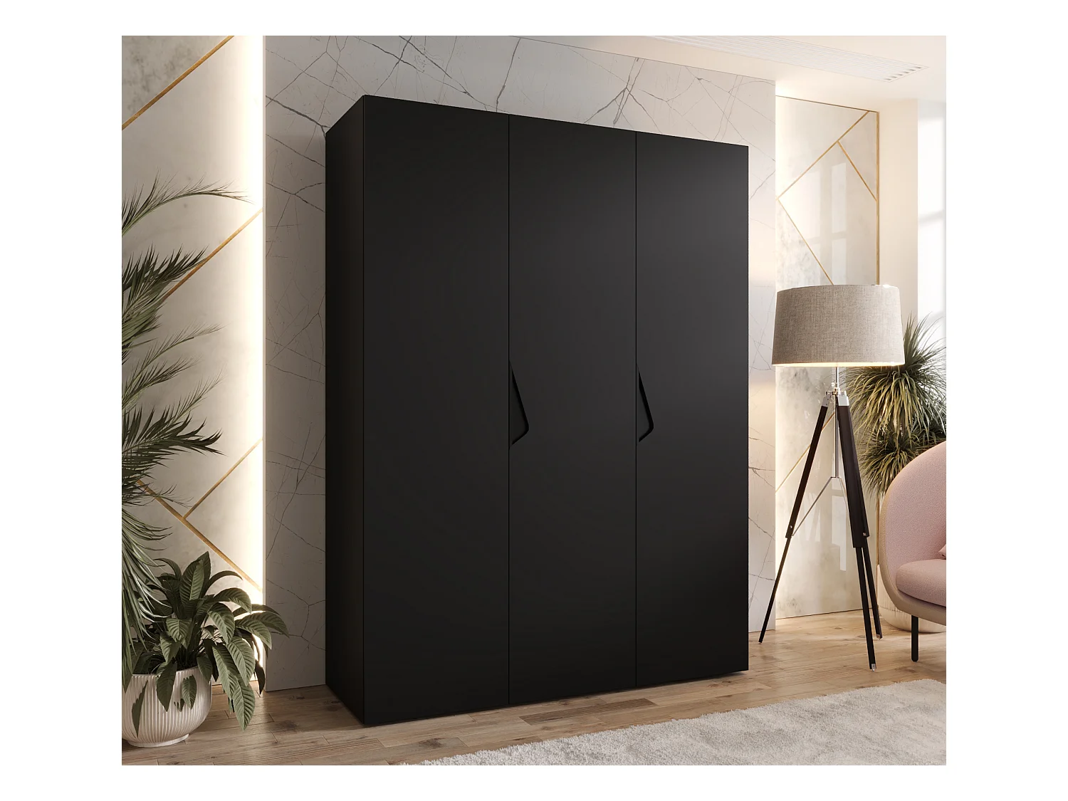 Armoire à portes battantes Sandi 1 150 / 202 / 52 (Noir + poignées: Noir)