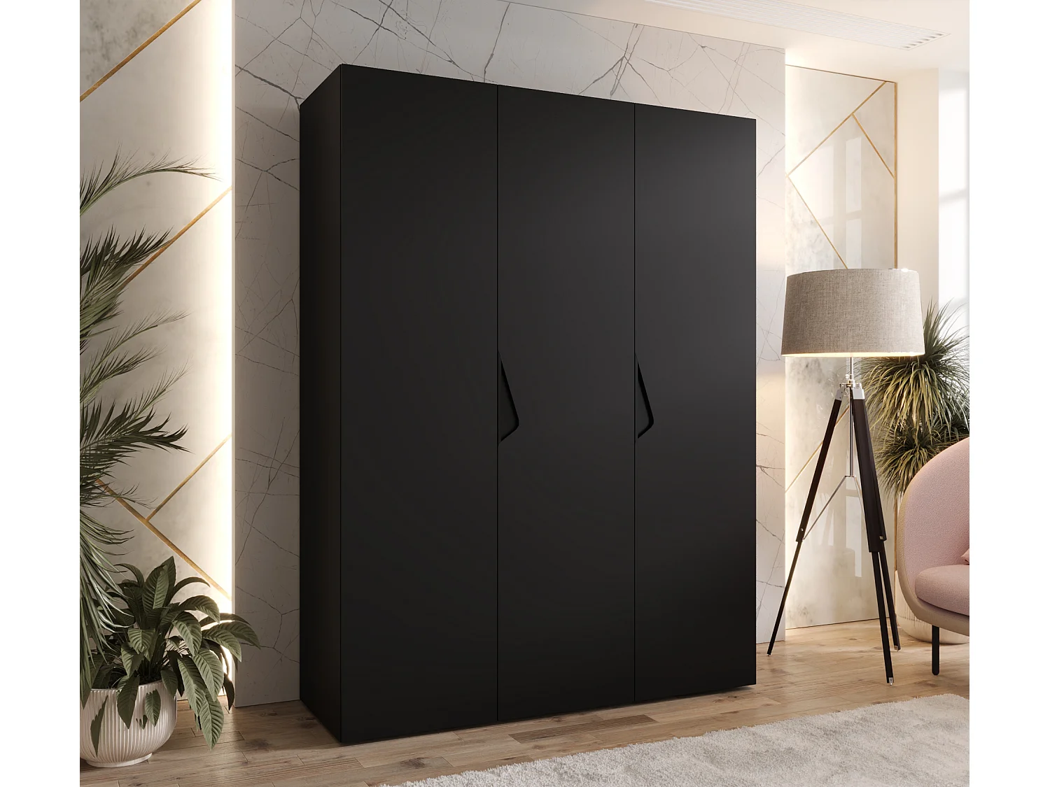 Armoire à portes battantes Sandi 1 150 / 202 / 52 (Noir + poignées: Noir)